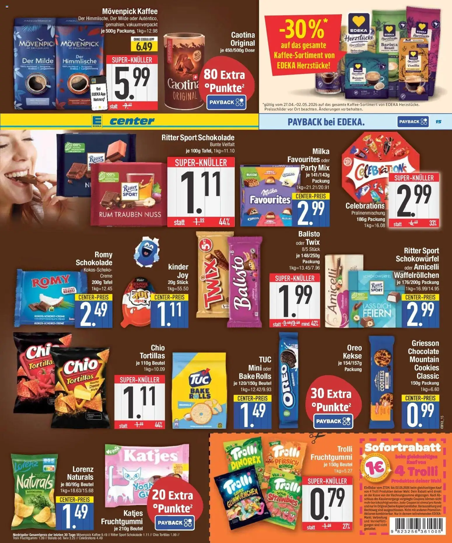 E center Prospekt Bad Reichenhall	 – gültig ab 27.04.2026 | Seite: 15 | Produkte: Trauben, Milka, Pfirsich, Kekse