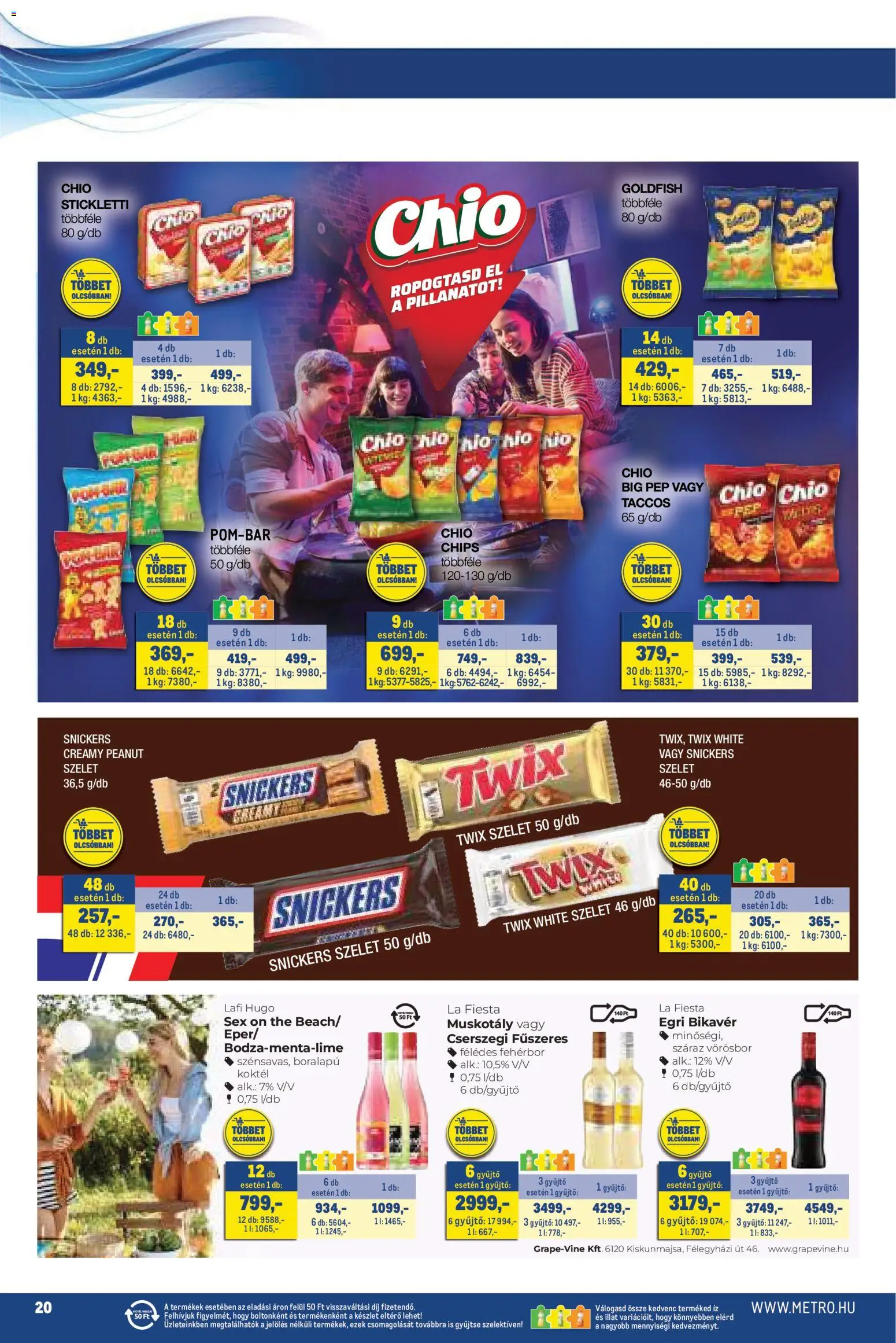 Metro akciós ujság - amely érvényes a következő dátumtól: 02.05.2026 | Oldal: 20 | Termékek: Chips, Snickers, Fehérbor, Vörösbor