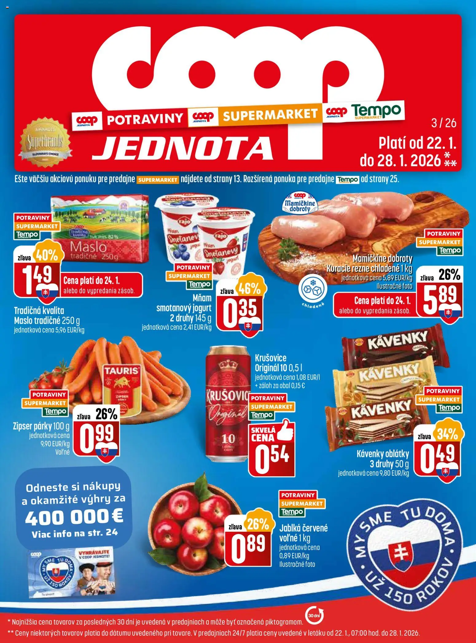 Nové COOP Jednota akcie – leták je platný od 22.01.2026 | Strana: 1 | Produkty: Maslo, Jogurt, Krušovice, Kuracie rezne