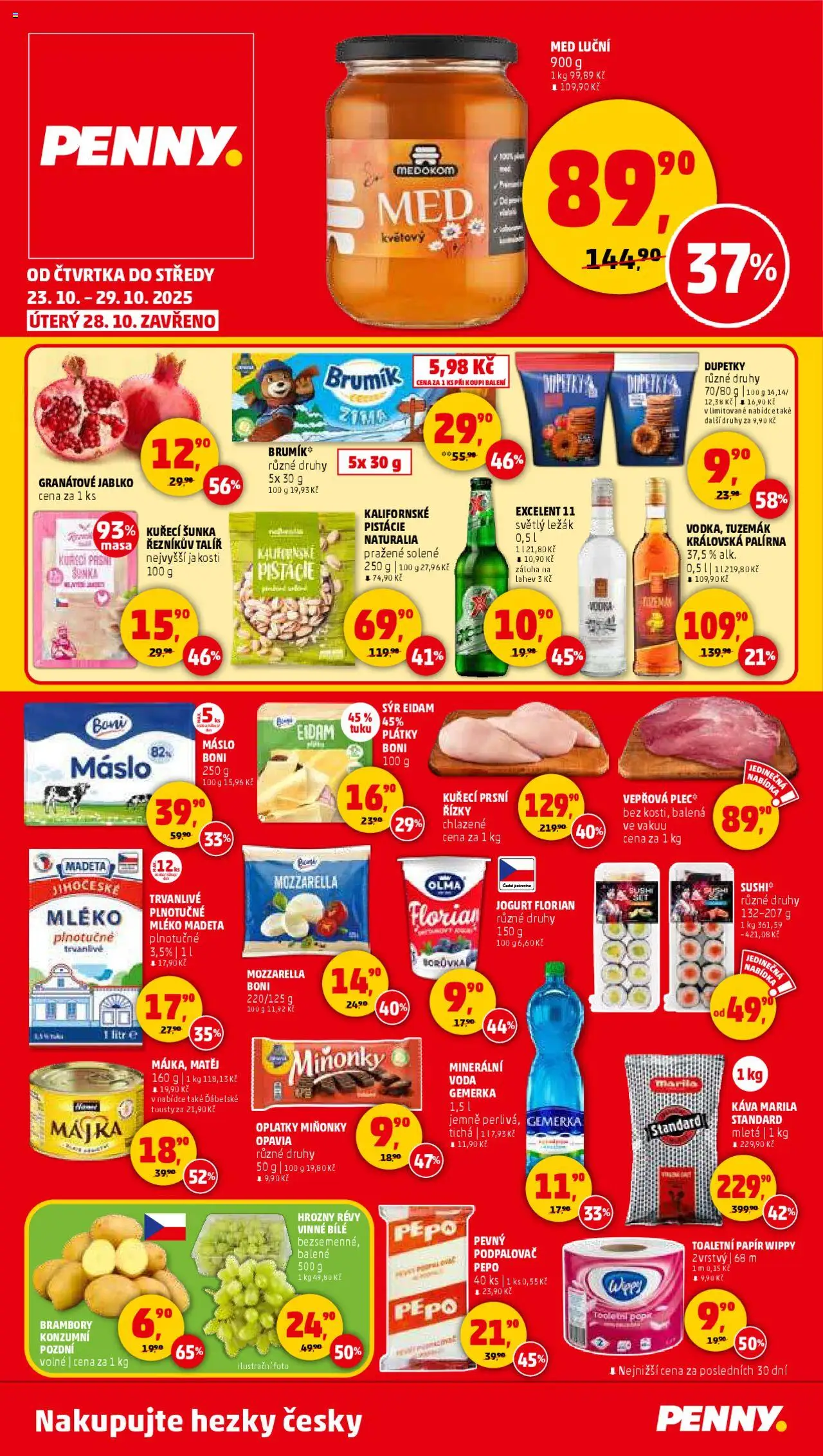 Penny Market leták - Čtvrtečník od 23.10.2025 | Strana: 1 | Produkty: Sýr, Brambory, Tuzemák, Oplatky