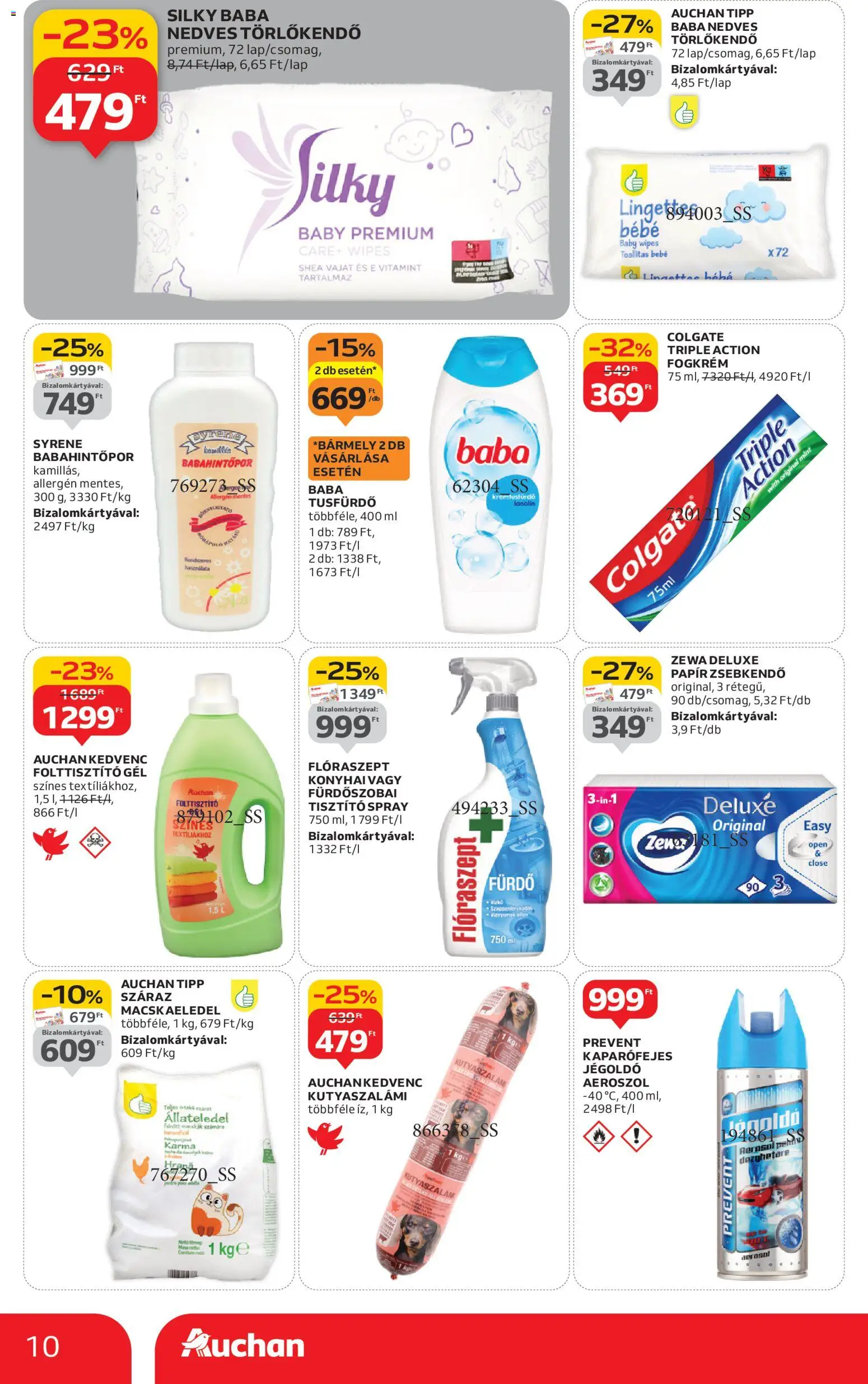 Auchan akciós ujság - amely érvényes a következő dátumtól: 02.01.2026 | Oldal: 10 | Termékek: Macskaeledel, Nedves törlőkendő, Tusfürdő, Folttisztító
