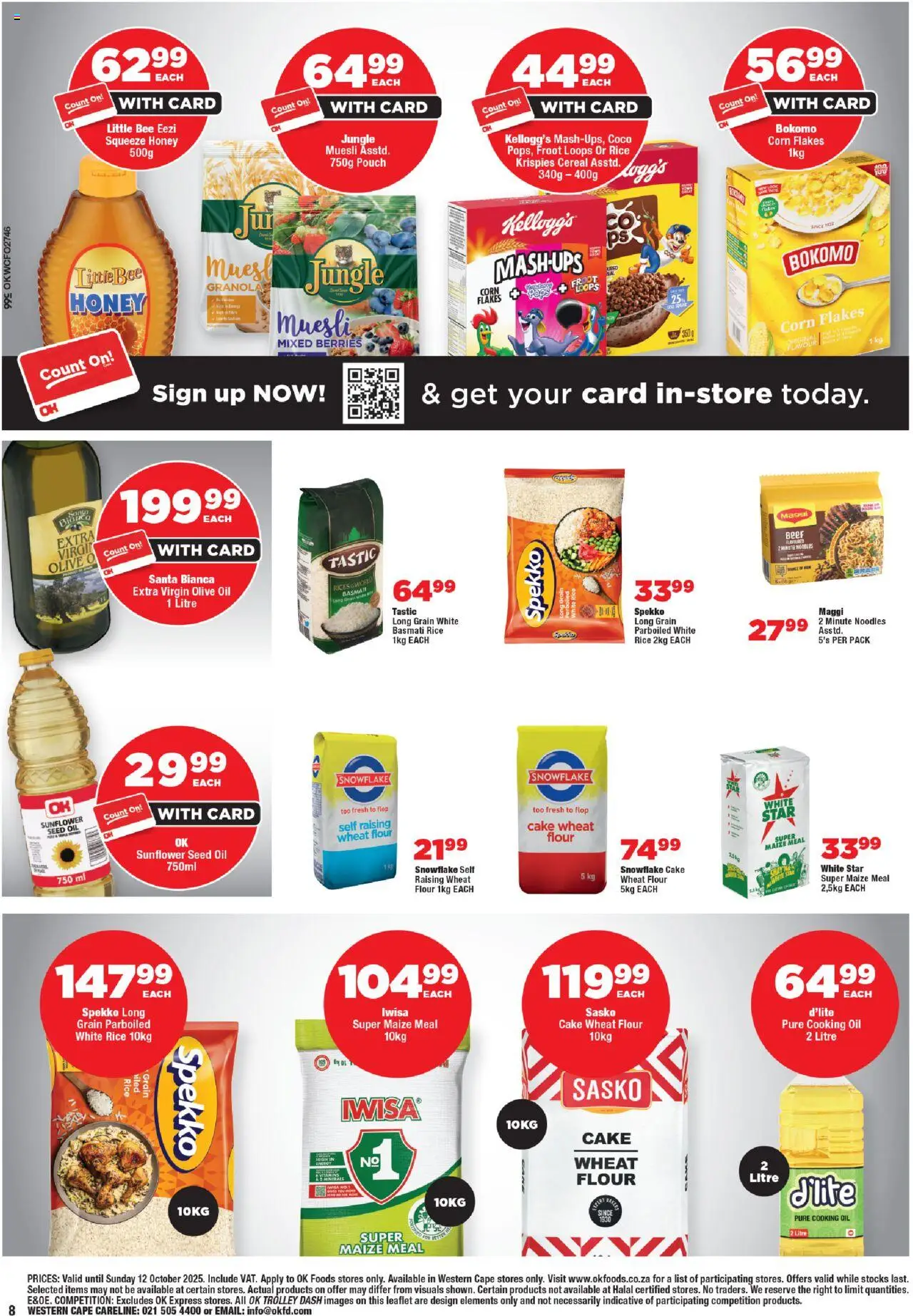 New OK Foods catalogue – valid from 24.09.2025 | Page: 8 | Products: Maize meal, Oil, Flakes, Peach