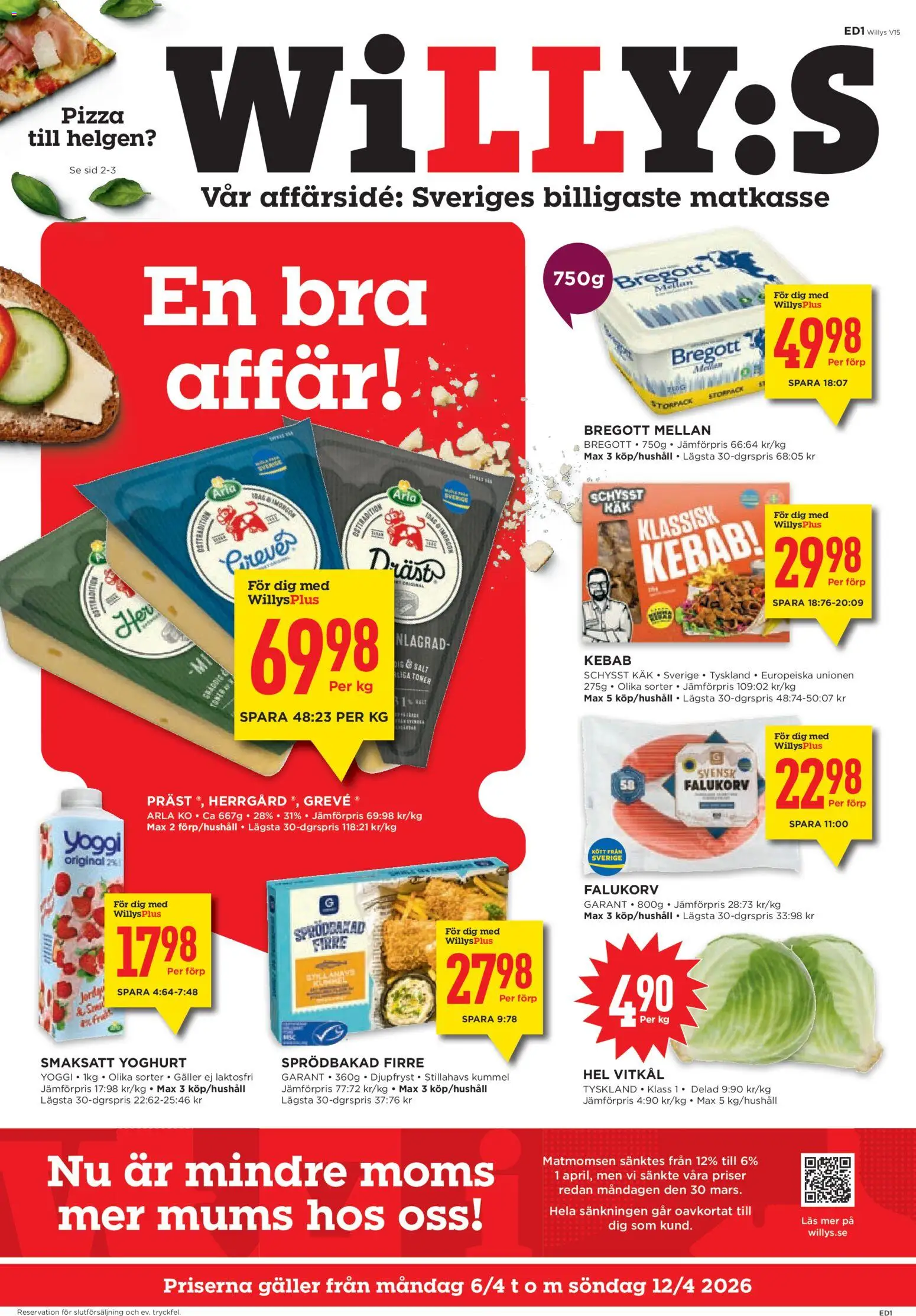 Willys reklamblad aktuell från 06.04.2026 | Sida: 1 | Produkter: Falukorv, Bregott, Yoghurt, Yoggi