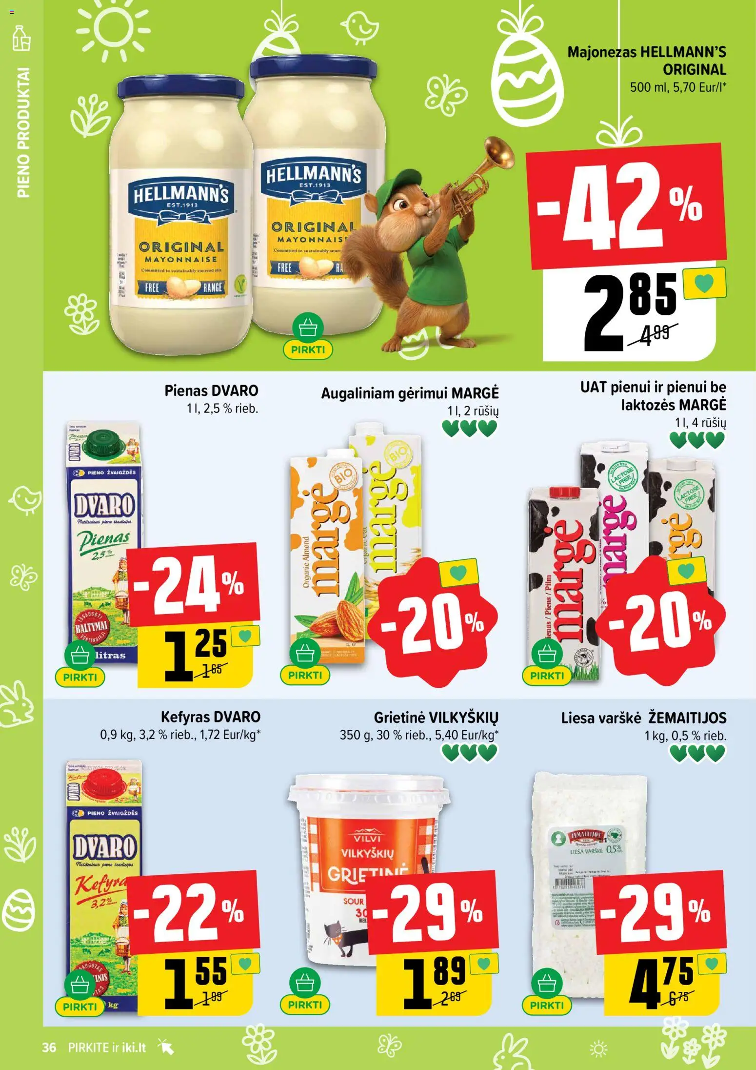 IKI akcijos nuo 16.03.2026 | Puslapis: 36 | Prekių: Pienas, Varškė, Majonezas, Grietinė