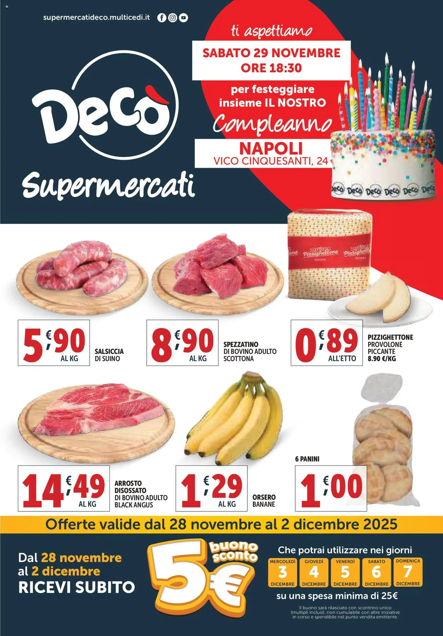 Volantino Decò del 28.11.2025 | Pagina: 1 | Prodotti: Arrosto, Provolone, Banane, Suino