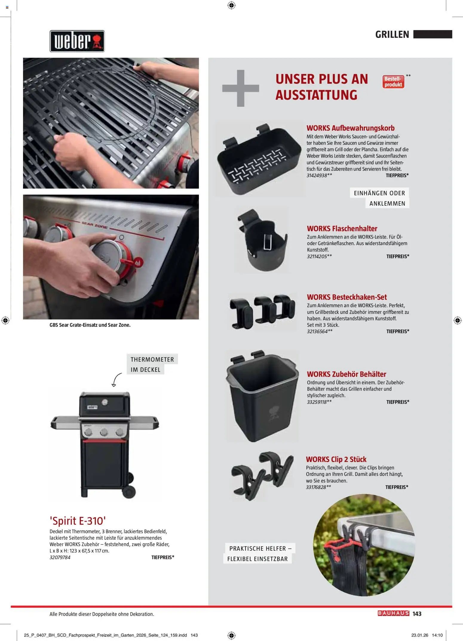Bauhaus Freizeit im Garten gültig ab 01.05.2026 | Seite: 143 | Produkte: Grill, Thermometer, Tisch, Öl