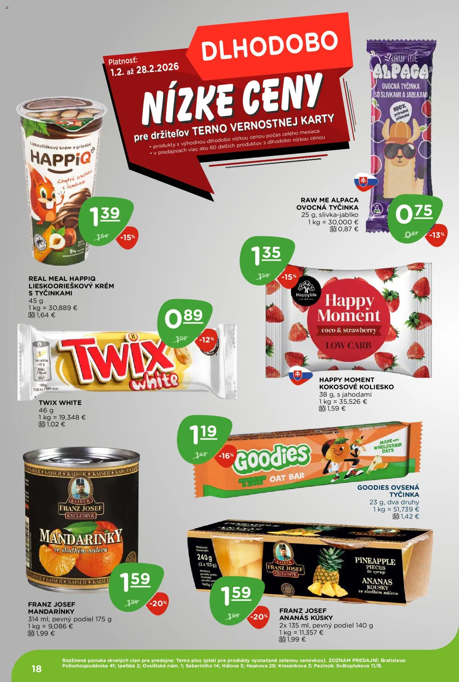 Nové Terno akcie – leták je platný od 26.02.2026 | Strana: 18 | Produkty: Ananás, Mandarinky, Krém
