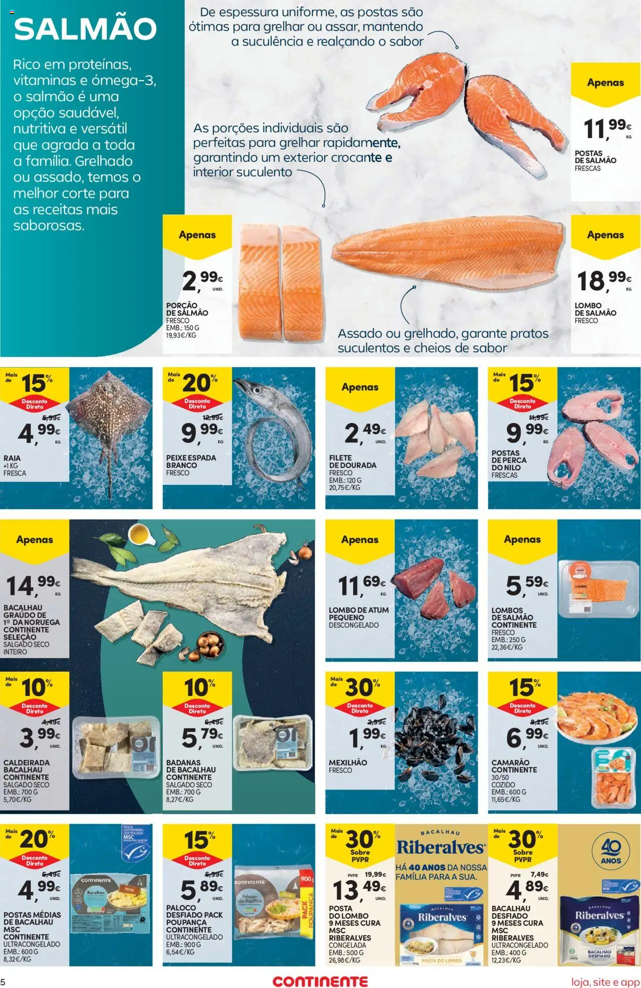 Continente Semanal Continente Bom Dia │ válido de 05.08.2025 | Página: 5 | Produtos: Pratos, Camarão, Salmão, Lombo
