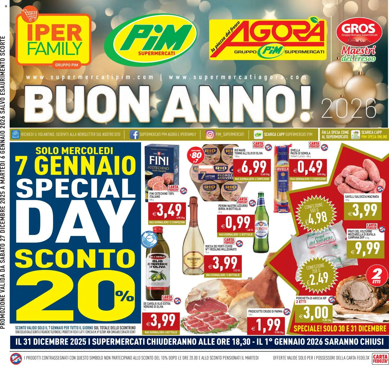 Volantino PIM Supermercati del 27.12.2025 | Pagina: 1 | Prodotti: Mozzarella, Prosciutto, Salsiccia, Pasta