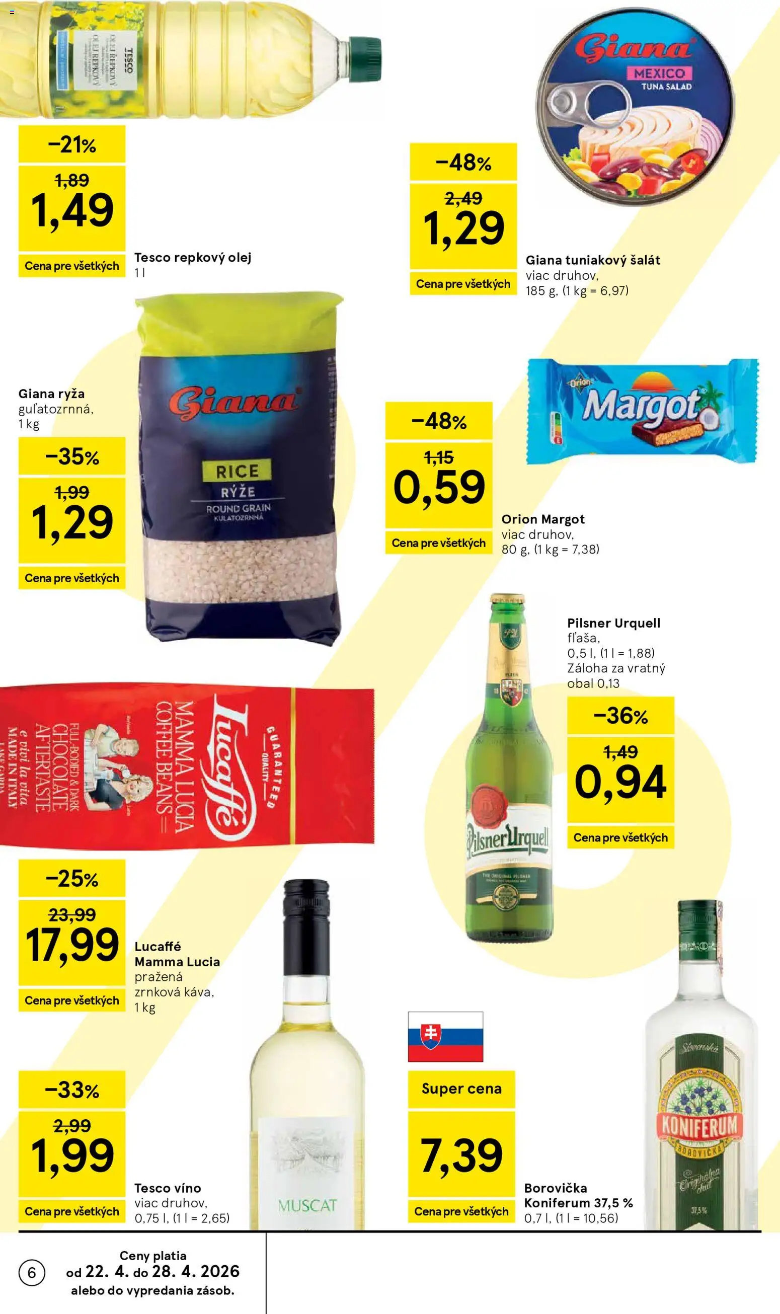 Nové Tesco akcie – leták je platný od 22.04.2026 | Strana: 6 | Produkty: Pilsner Urquell, Ryža, Koniferum, Šalát