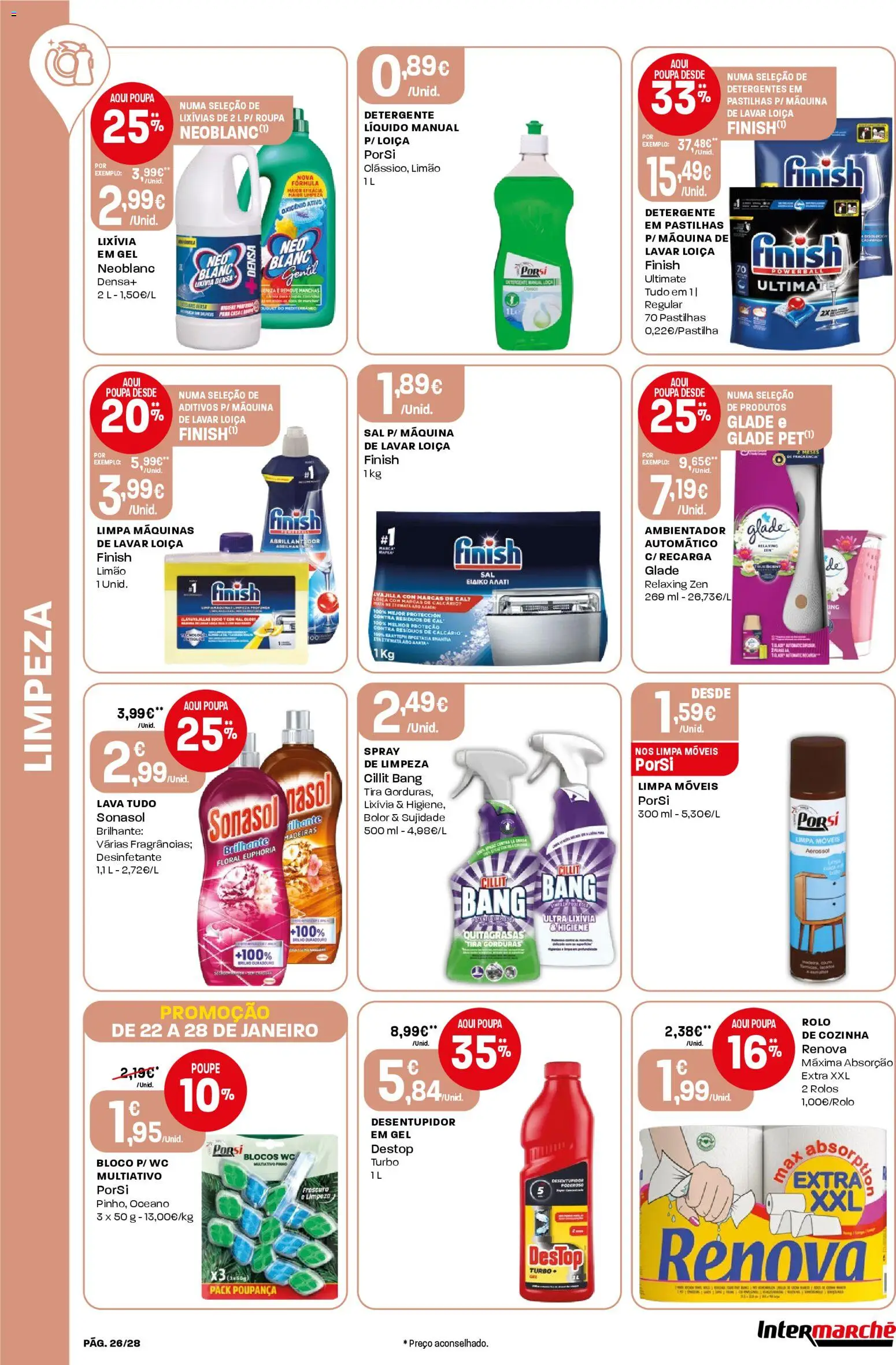 Intermarché Folheto Contact │ válido de 22.01.2026 | Página: 26 | Produtos: Detergente, Sal, Limpa móveis, Madeiras