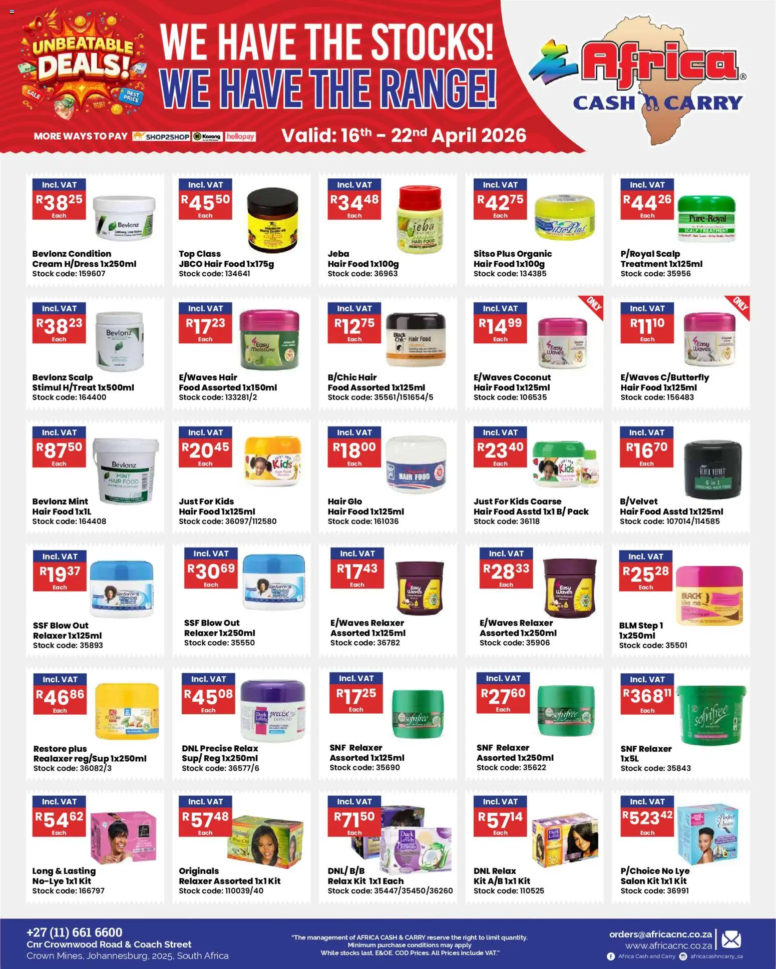 New Africa Cash & Carry catalogue – valid from 16.04.2026 | Page: 3 | Products: Cream, Stock, Relaxer