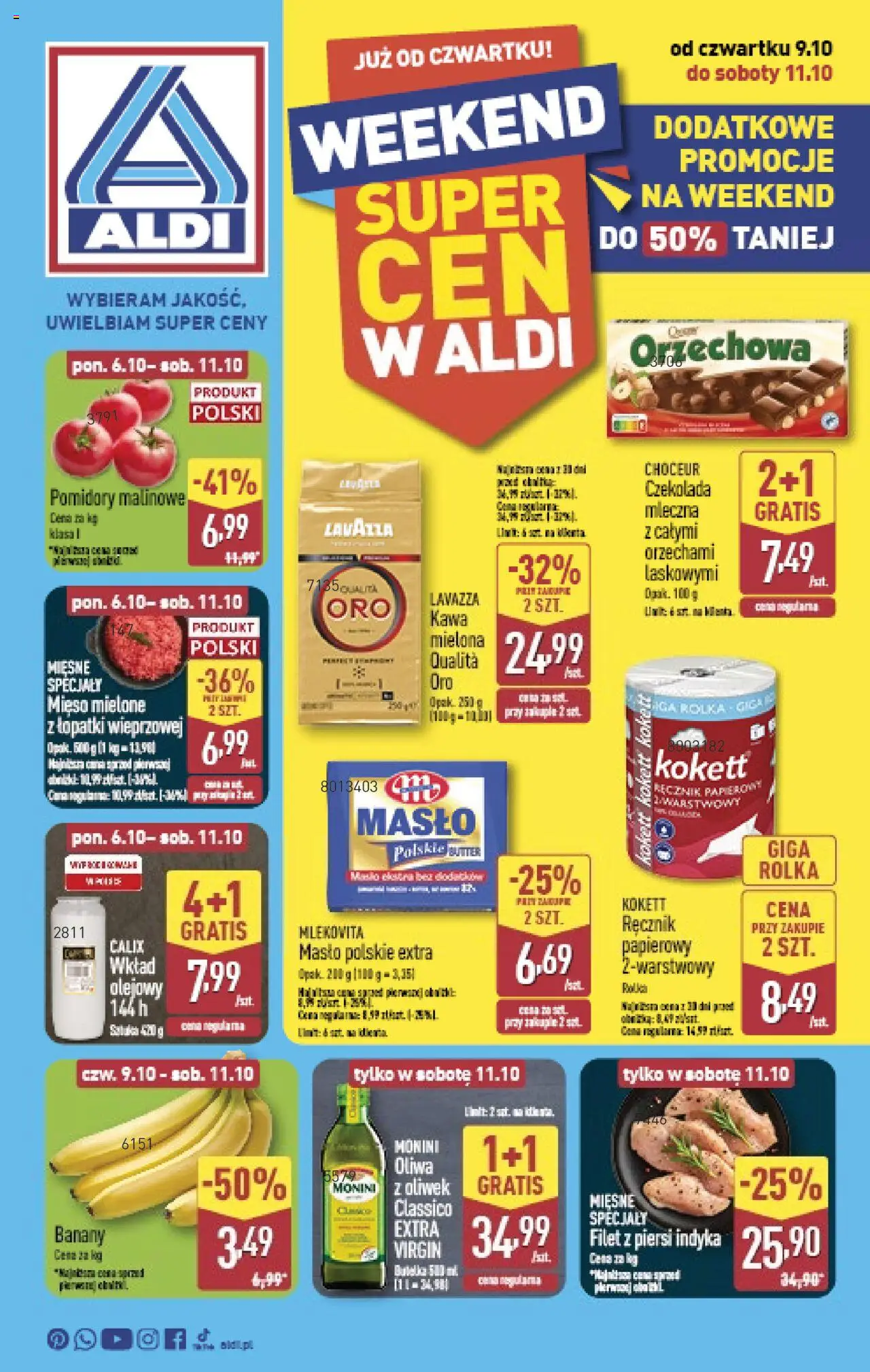 Aldi Gazetka - Okazje na weekend od 09.10.2025 | Strona: 1 | Produkty: Mięso mielone, Pomidory malinowe, Kawa, Banany