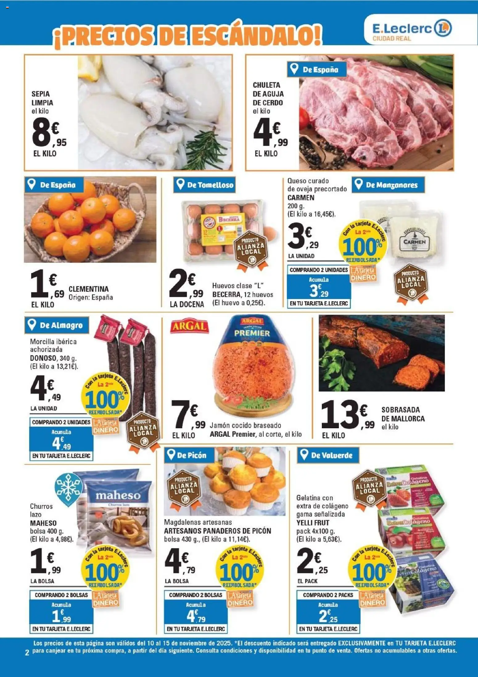 E.Leclerc folleto │ válido desde el 10.11.2025 | Página: 2 | Productos: Gelatina, Jamón cocido, Cerdo, Magdalenas