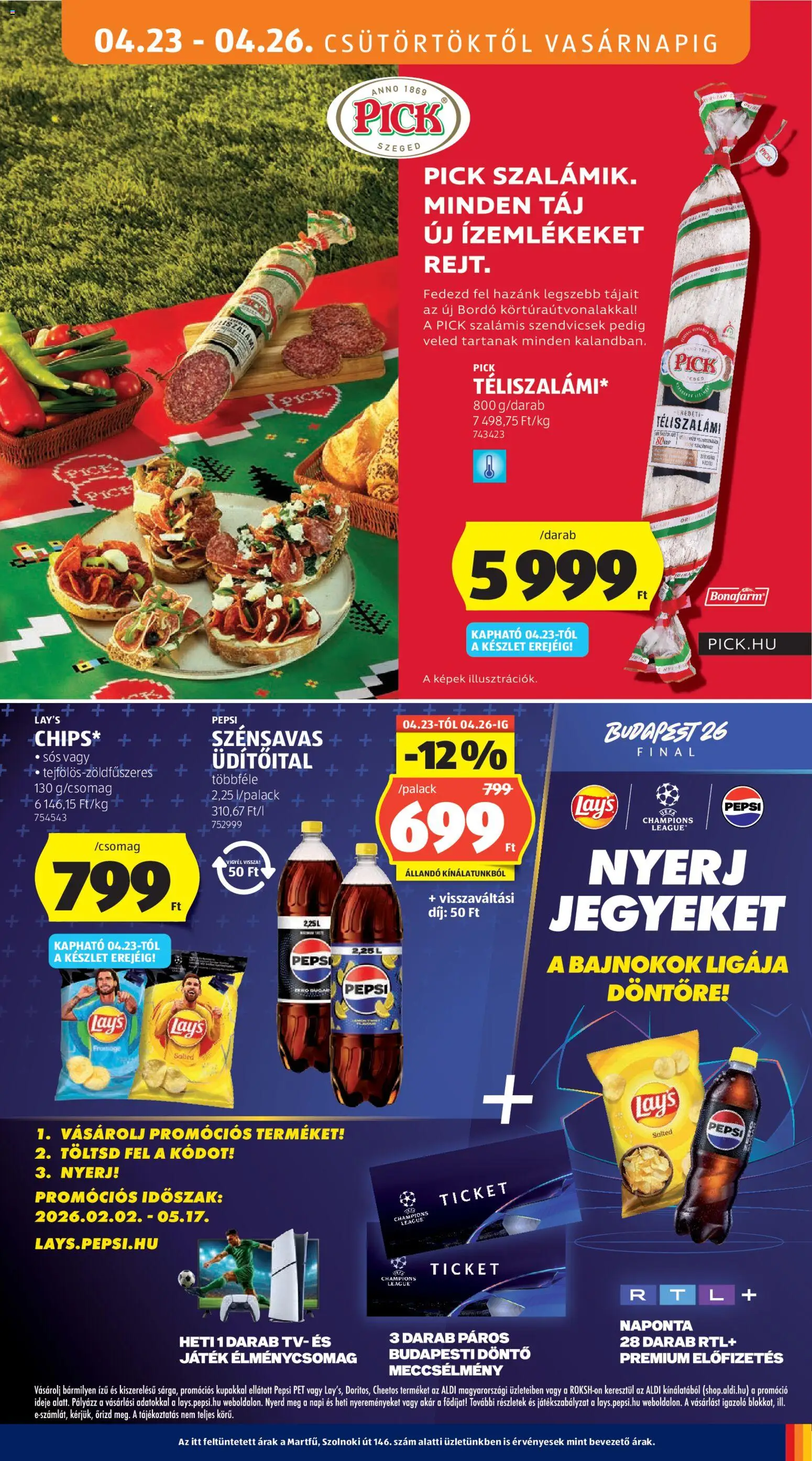 Aldi akciós ujság - amely érvényes a következő dátumtól: 23.04.2026 | Oldal: 15 | Termékek: Chips, Pepsi, Pick, Téliszalámi