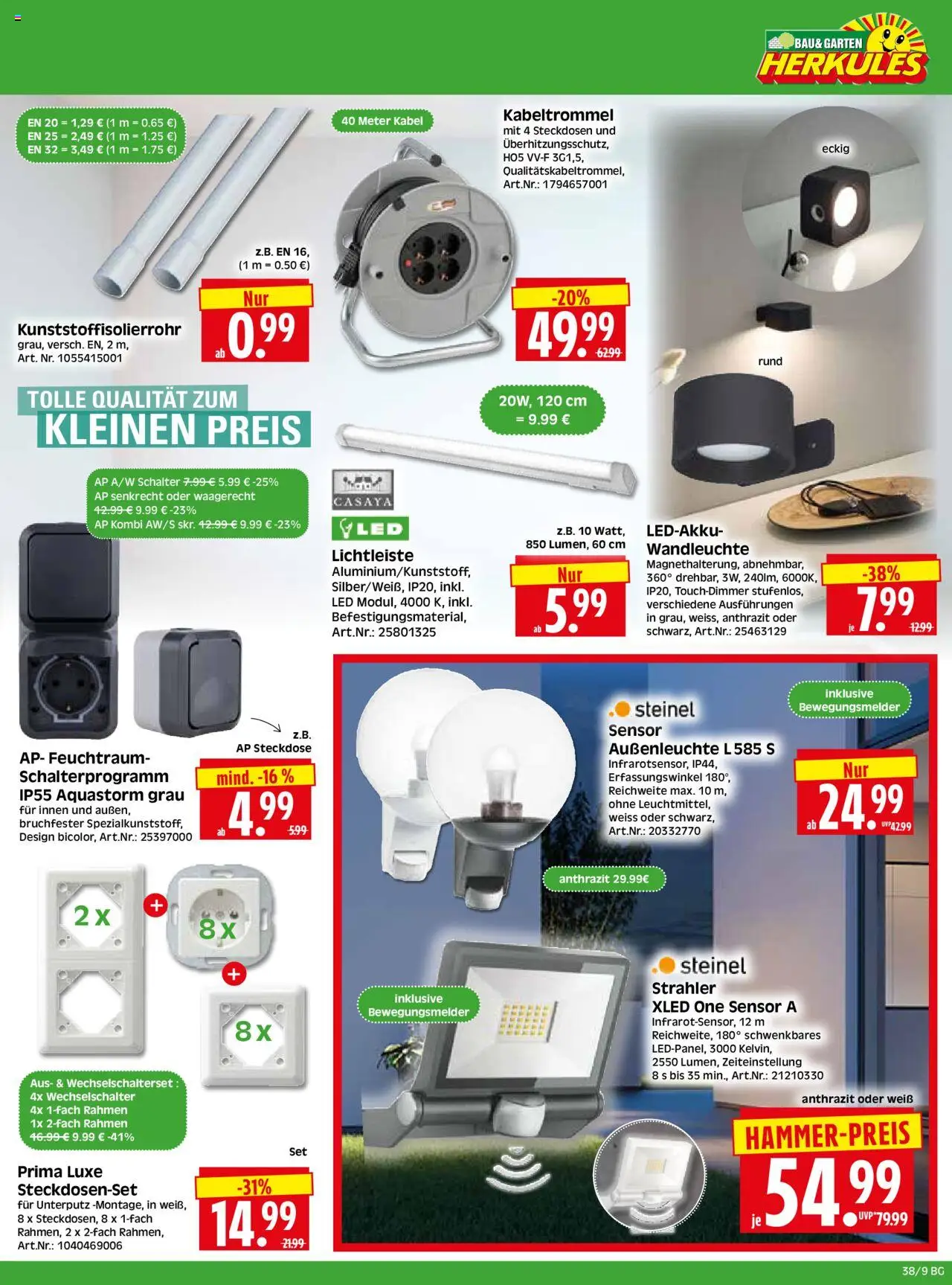 HERKULES - Bau & Garten – gültig ab 15.09.2025 | Seite: 9 | Produkte: Kabel, Steckdose, Außenleuchte, Wandleuchte