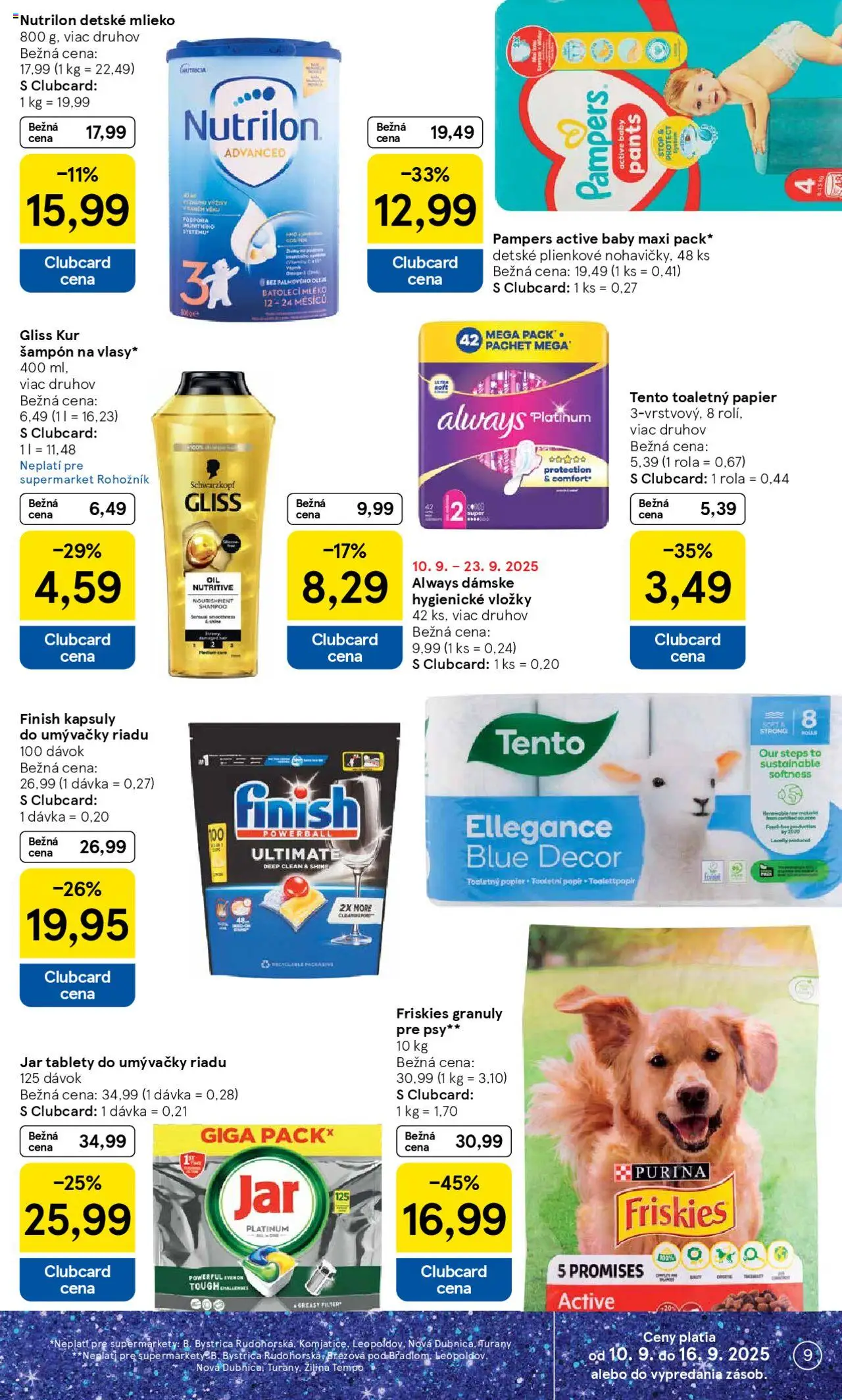 Nové Tesco akcie – leták je platný od 10.09.2025 | Strana: 9 | Produkty: Toaletný papier, Kapsuly do umývačky riadu, Tablety do umývačky riadu, Jar