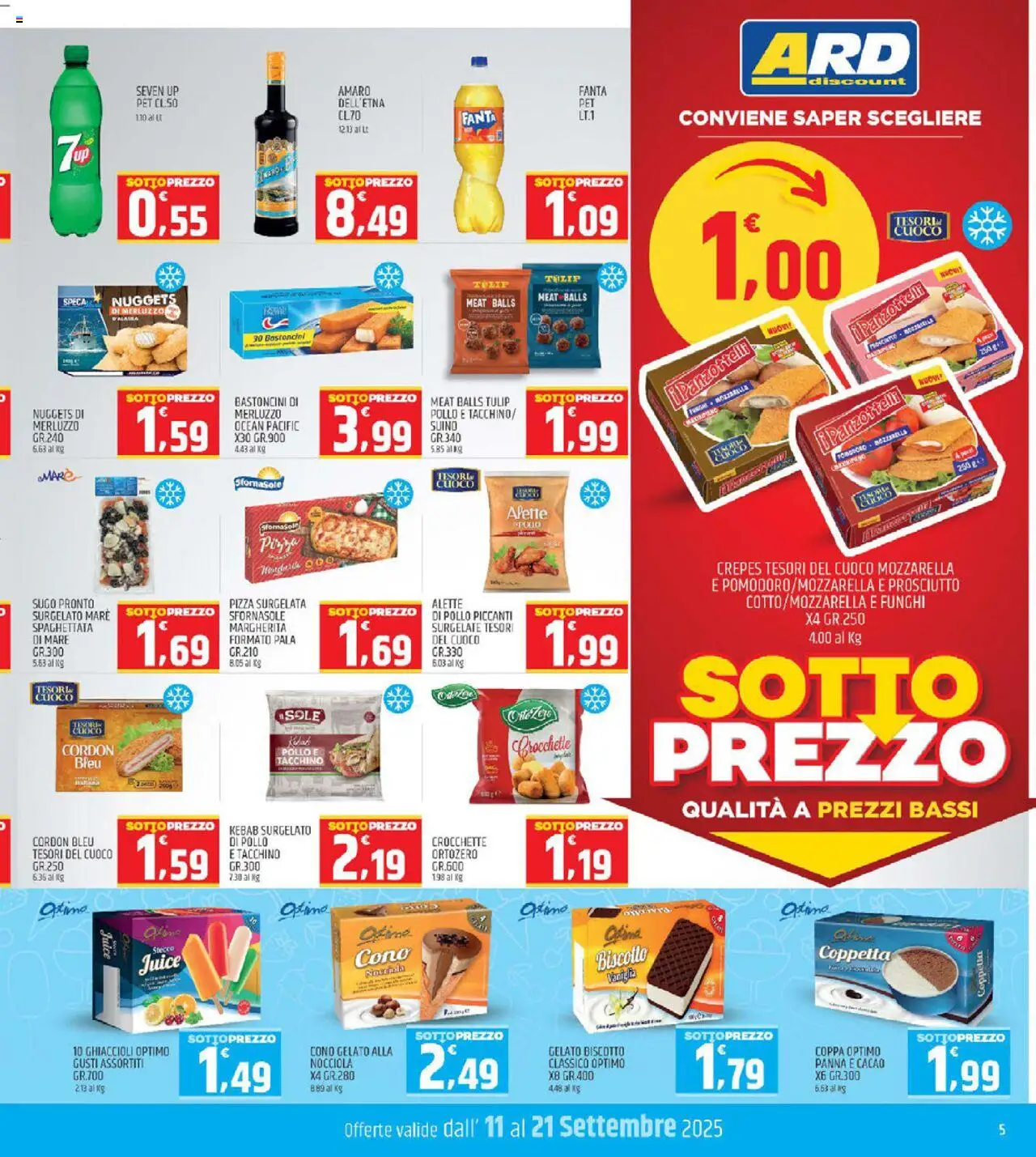 Volantino ARD Discount del 11.09.2025 | Pagina: 5 | Prodotti: Merluzzo, Gelato, Tacchino, Prosciutto