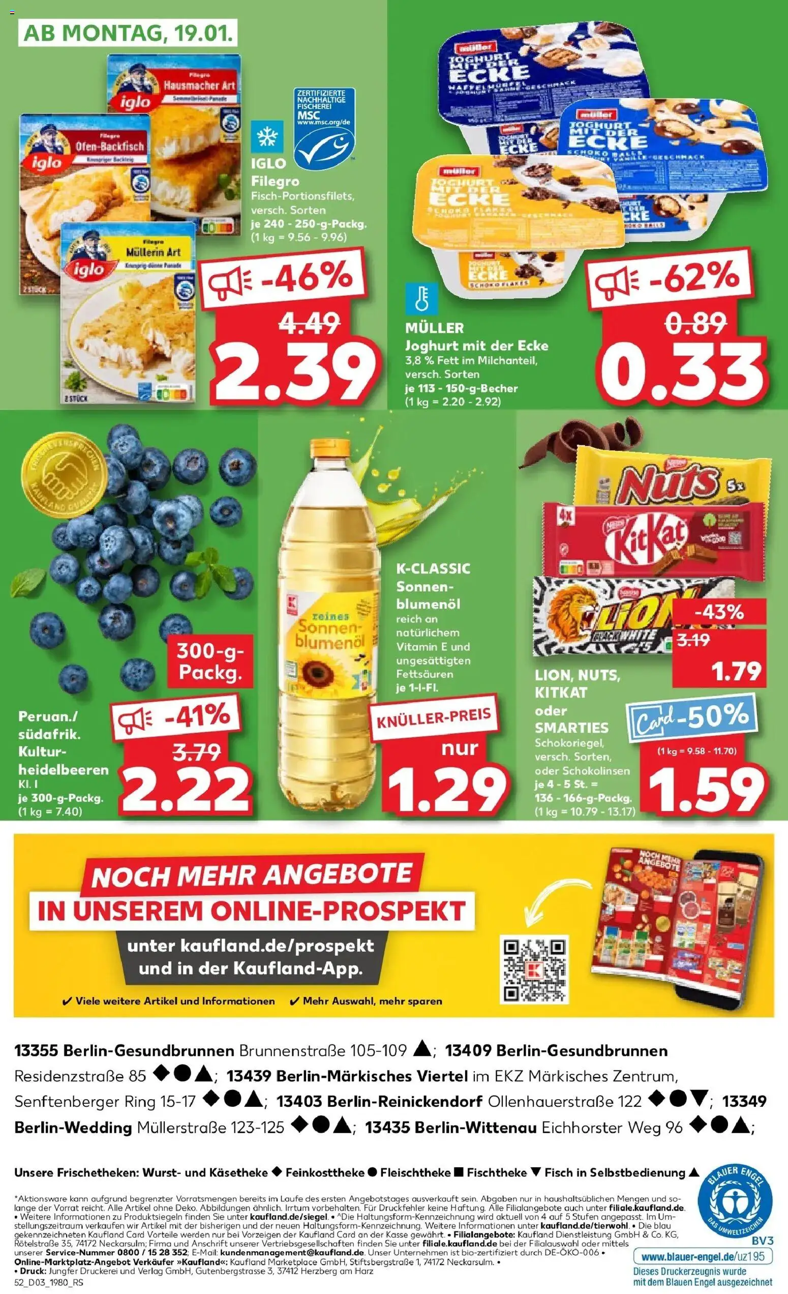 Kaufland prospekt Berlin	 – gültig ab 15.01.2026 | Seite: 52 | Produkte: Iglo, Smarties, Heidelbeeren, Wurst
