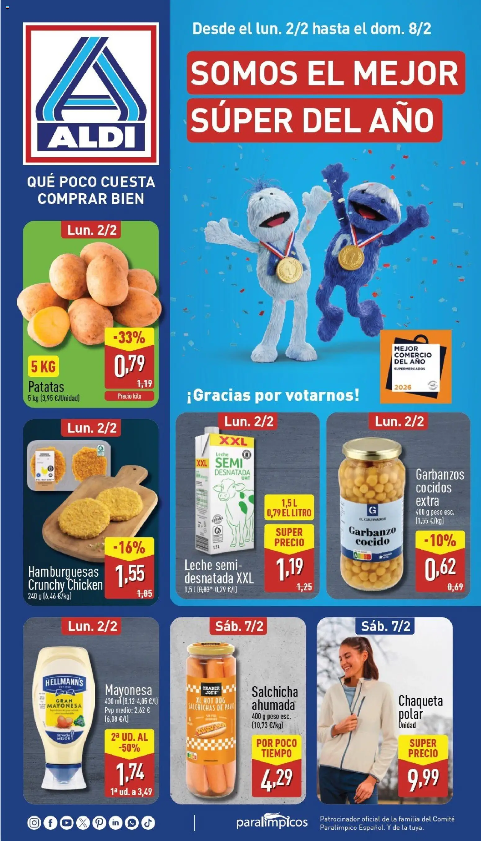 Aldi folleto Baleares │ válido desde el 02.02.2026 | Página: 1 | Productos: Chaqueta, Leche, Οθόνη προβολής, Peso