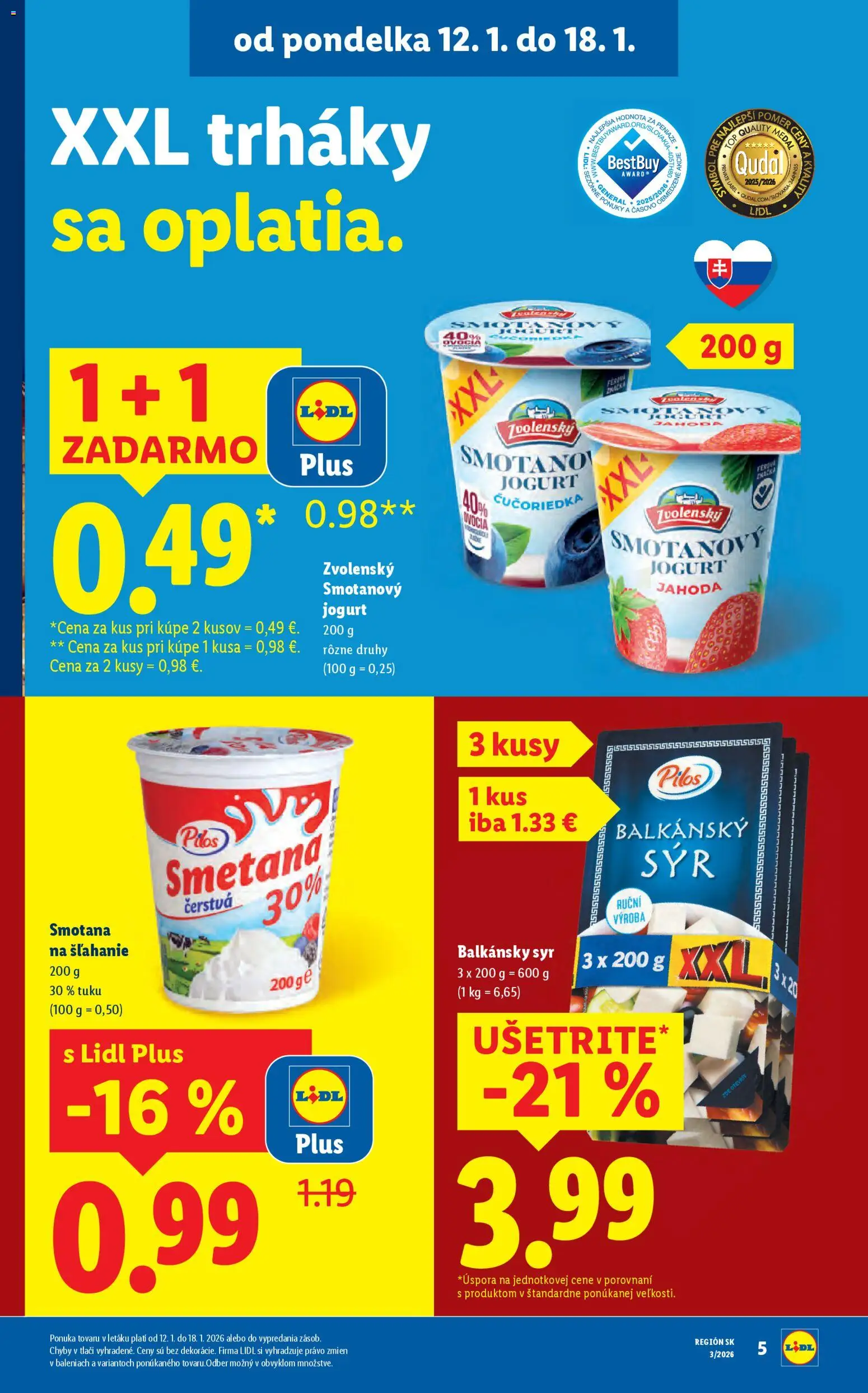 Nové Lidl akcie – leták je platný od 12.01.2026 | Strana: 5 | Produkty: Jogurt, Smotana, Balkánsky syr, Smotana na šľahanie