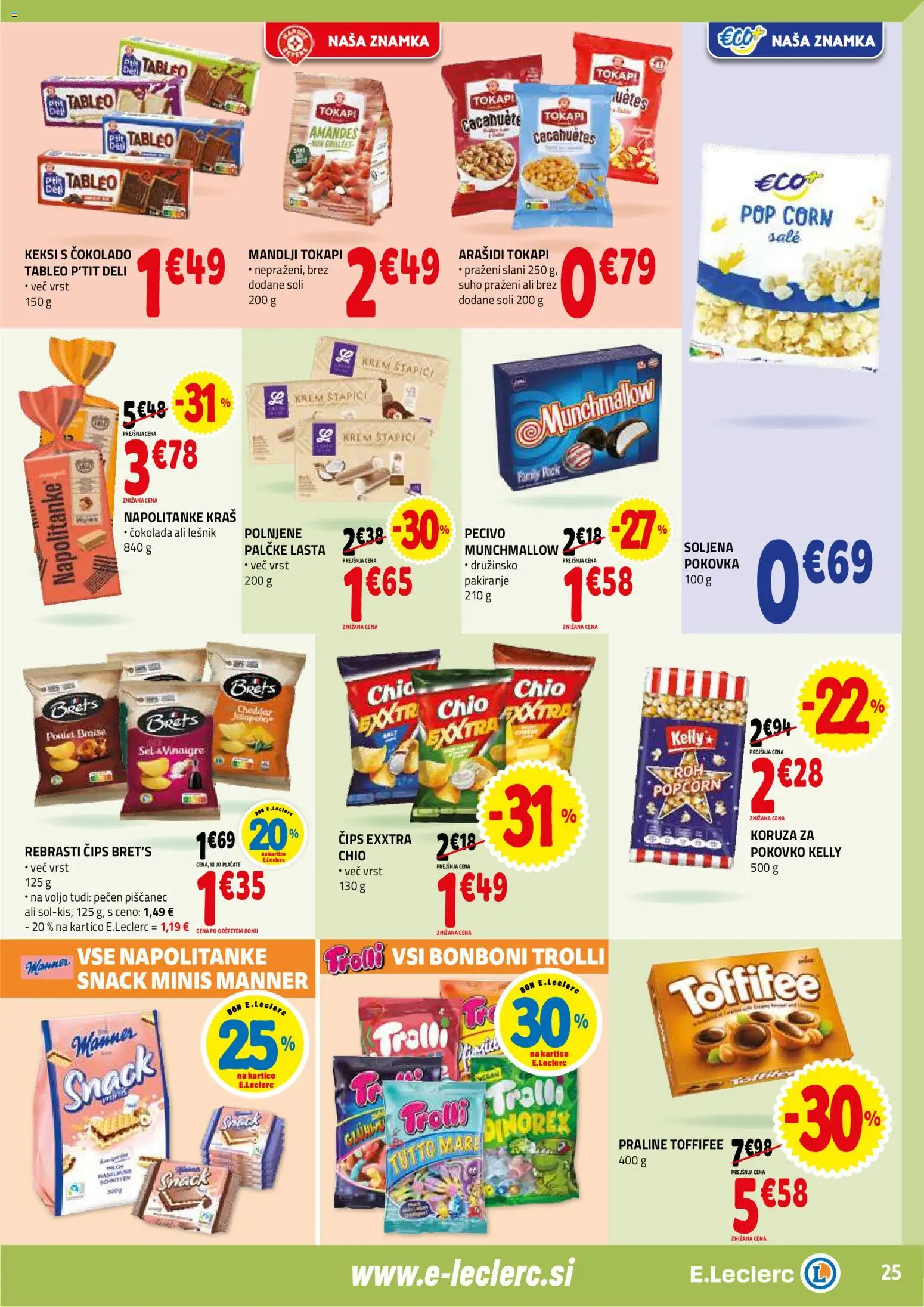 Novi E.leclerc katalog ponudbe – veljaven od 18.02.2026 | Stran: 25 | Izdelki: Keksi, Bonboni, Mandlji, Cips