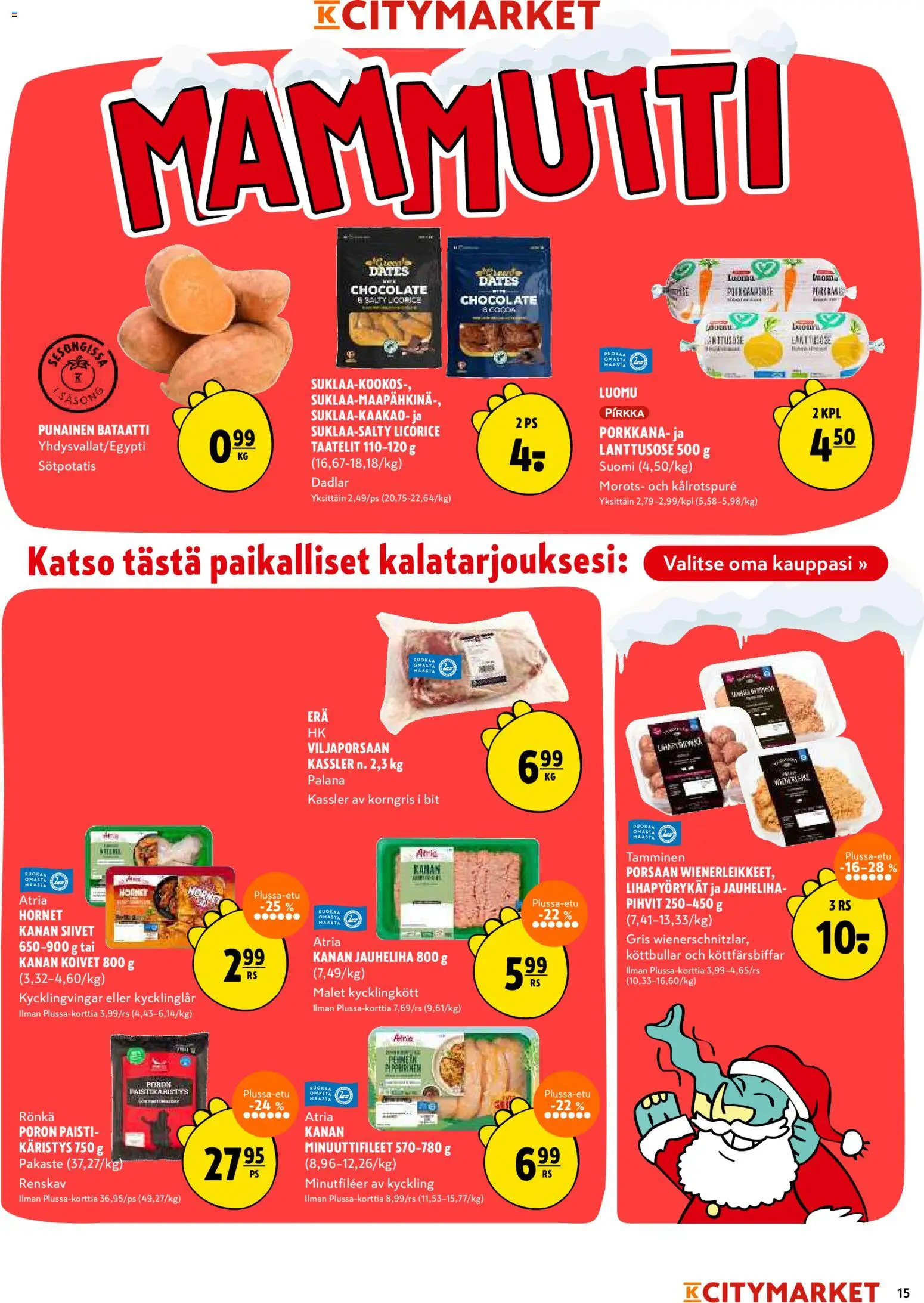 K-Citymarket tarjoukset – voimassa 11.12.2025 alkaen | Sivu: 15 | Tuotteet: Jauheliha, Bataatti, Taatelit, Porkkana