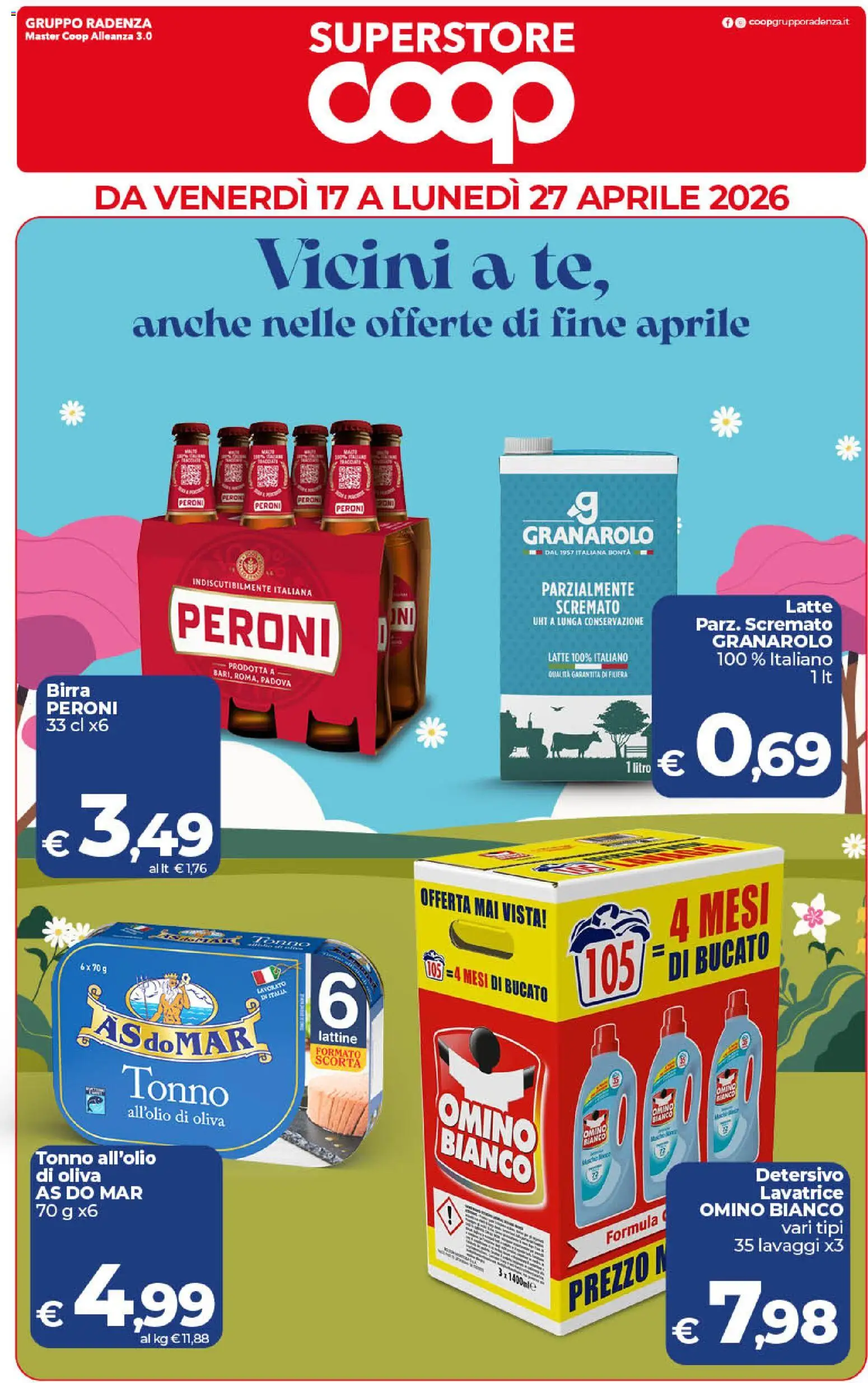 Volantino COOP del 17.04.2026 | Pagina: 1 | Prodotti: Birra, Latte, Lavatrice, Tonno