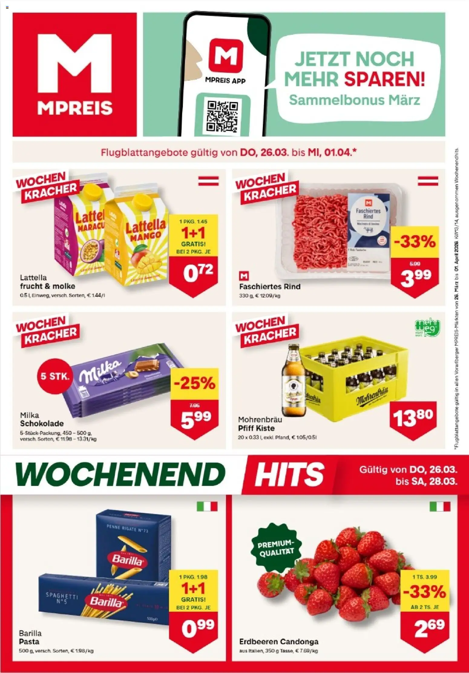 MPREIS Hohenems gültig ab 26.03.2026 | Seite: 1 | Produkte: Erdbeeren, Mango, Hajdina liszt, Schokolade