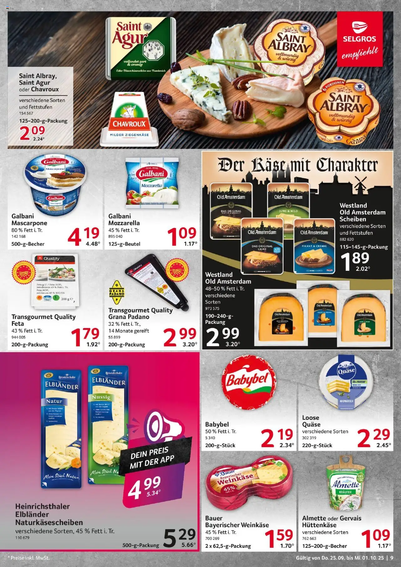 Selgros Prospekt 	 – gültig ab 25.09.2025 | Seite: 9 | Produkte: Käse, Mascarpone, Ziegenkäse, Babybel