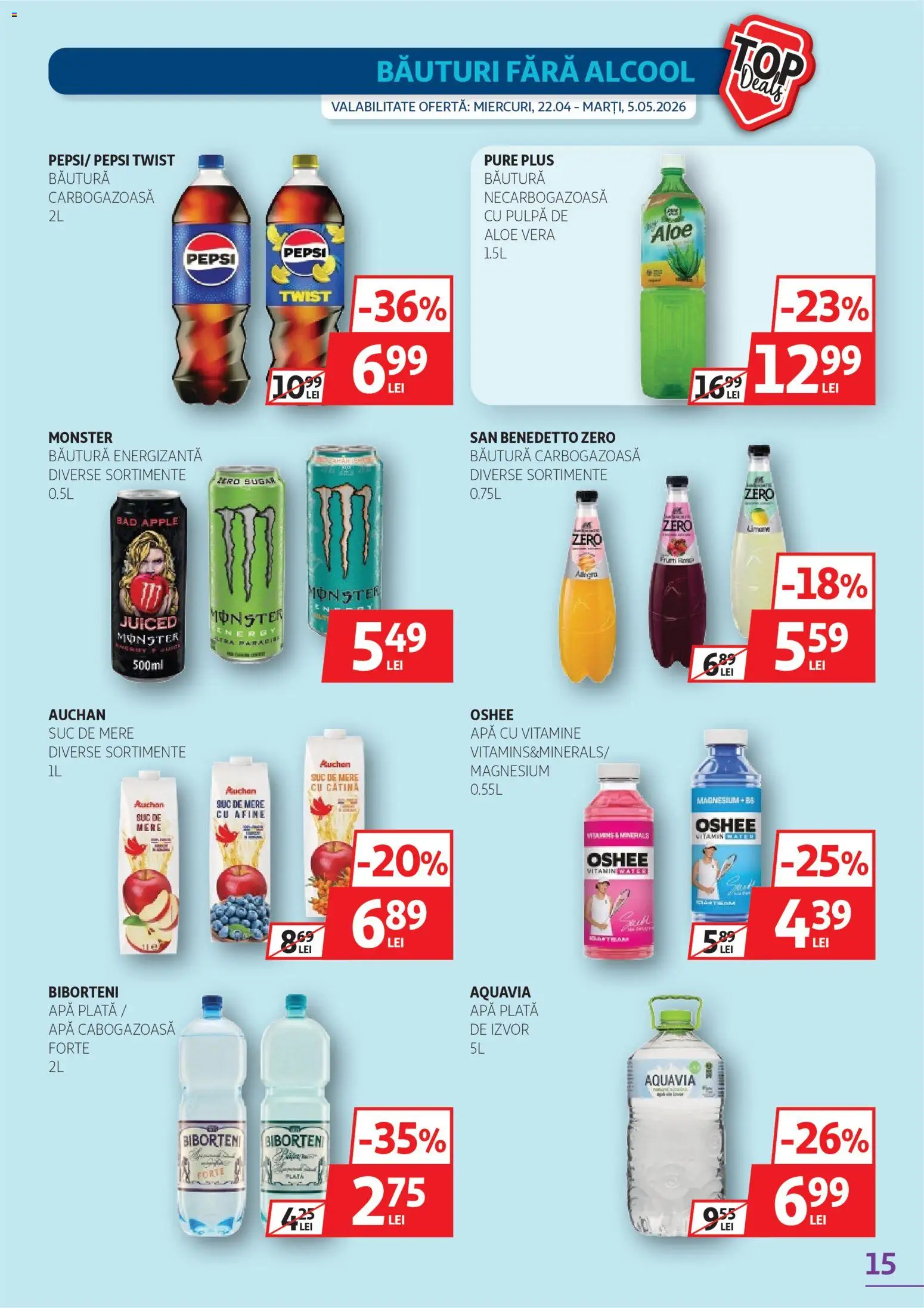 Noul catalog Auchan – valabil de la 22.04.2026 | Pagină: 15 | Produse: Afine, Aloe vera, Suc, Apă