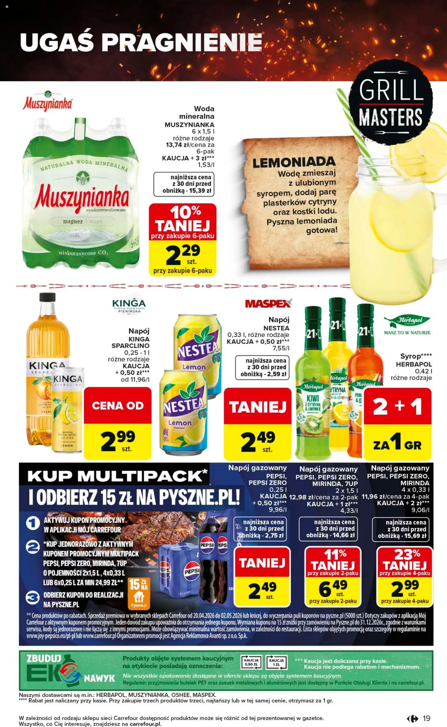 Carrefour gazetka - Misja:Grill Cię wzywa od 23.04.2026 | Strona: 19 | Produkty: Syrop, Grill, Muszynianka, Woda