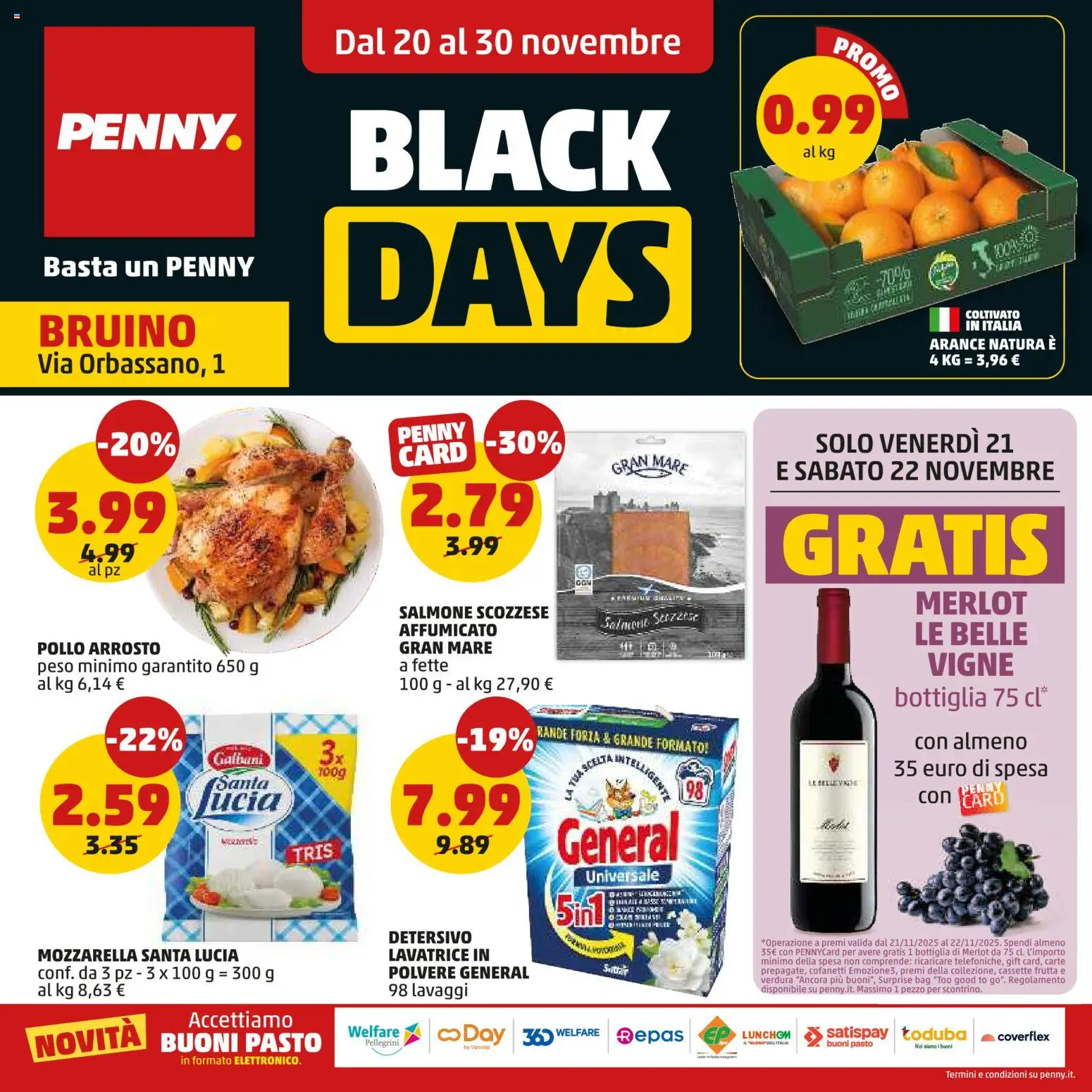 Volantino PENNY del 20.11.2025 | Pagina: 1 | Prodotti: Pollo, Salmone, Arance, Mozzarella