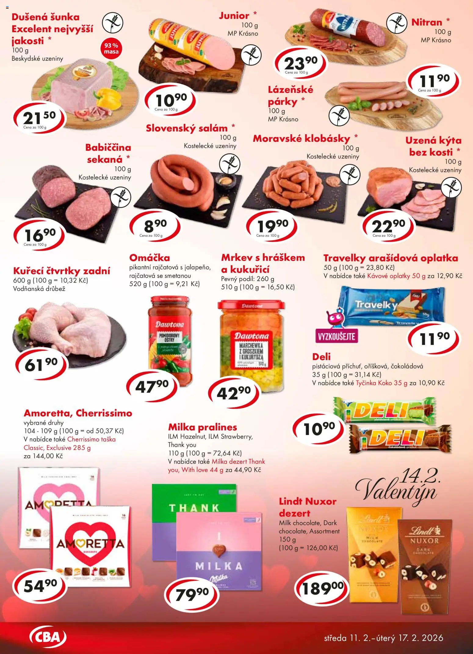 CBA leták - Premium od 11.02.2026 | Strana: 3 | Produkty: Kuřecí čtvrtky, Taška, Uzeniny, Klobásky