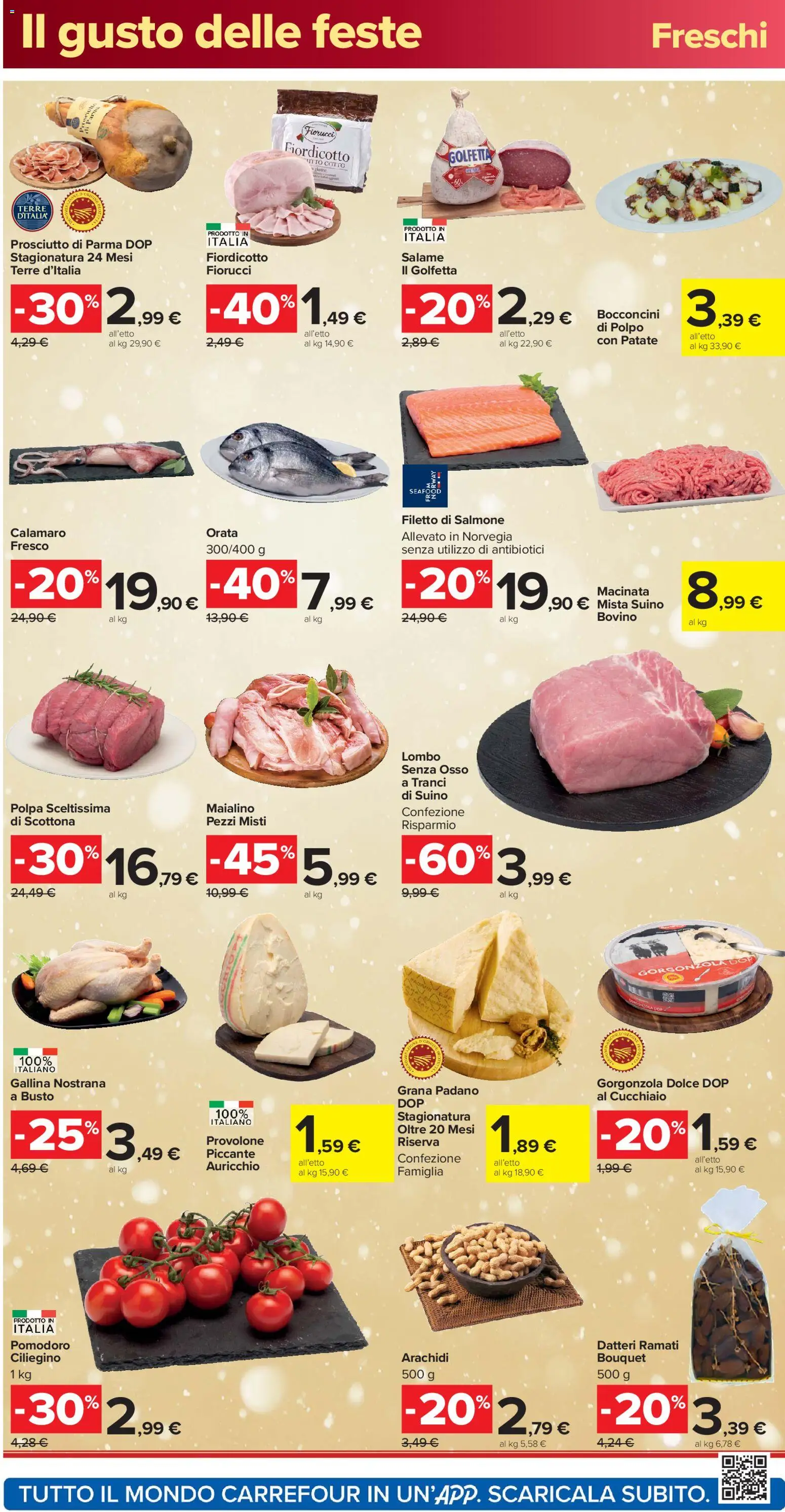 Volantino Carrefour del 16.12.2025 | Pagina: 2 | Prodotti: Prosciutto di Parma, Salmone, Polpo, Orata
