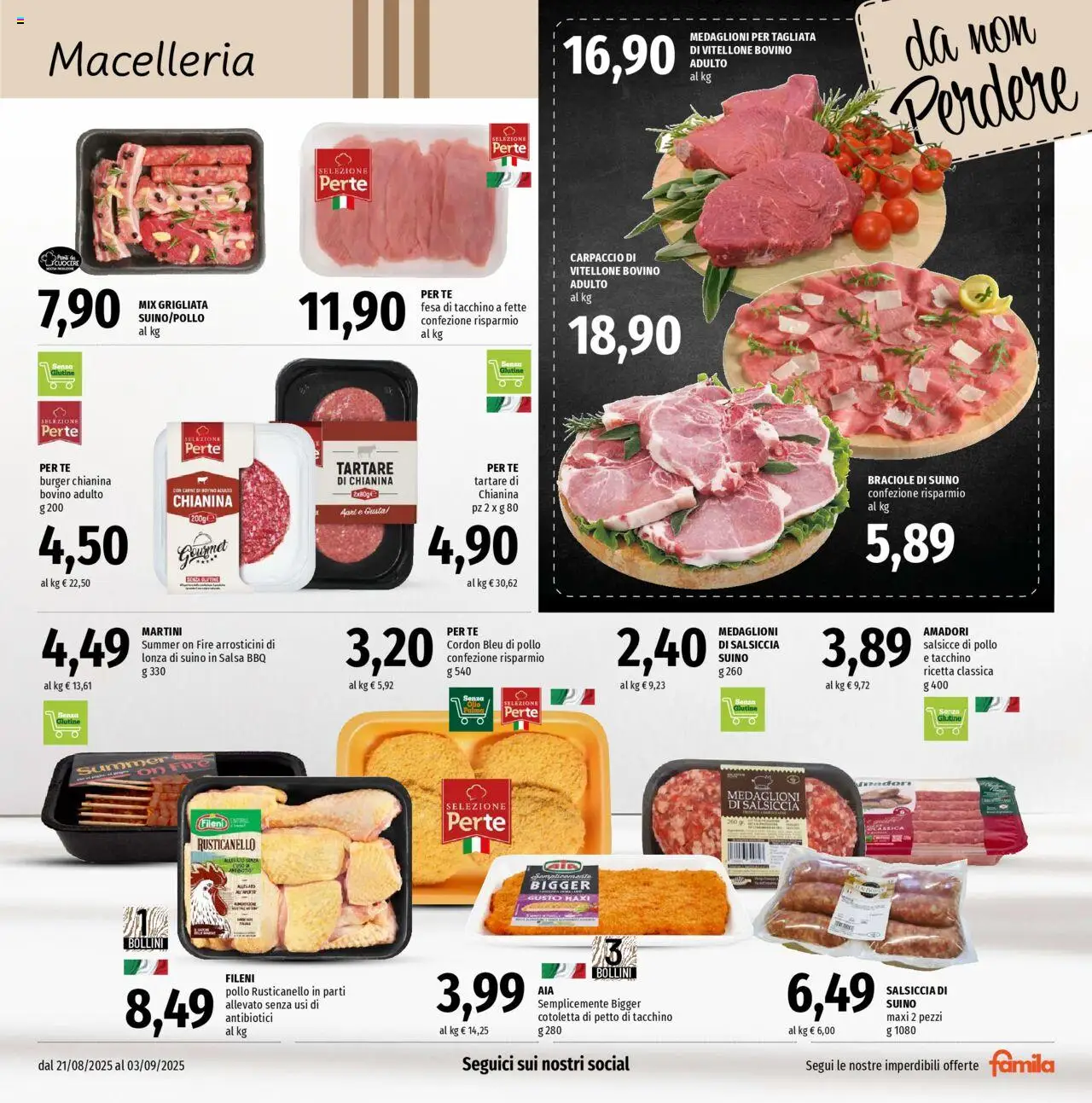 Volantino Famila del 21.08.2025 | Pagina: 3 | Prodotti: Bovino, Pollo, Suino, Tacchino