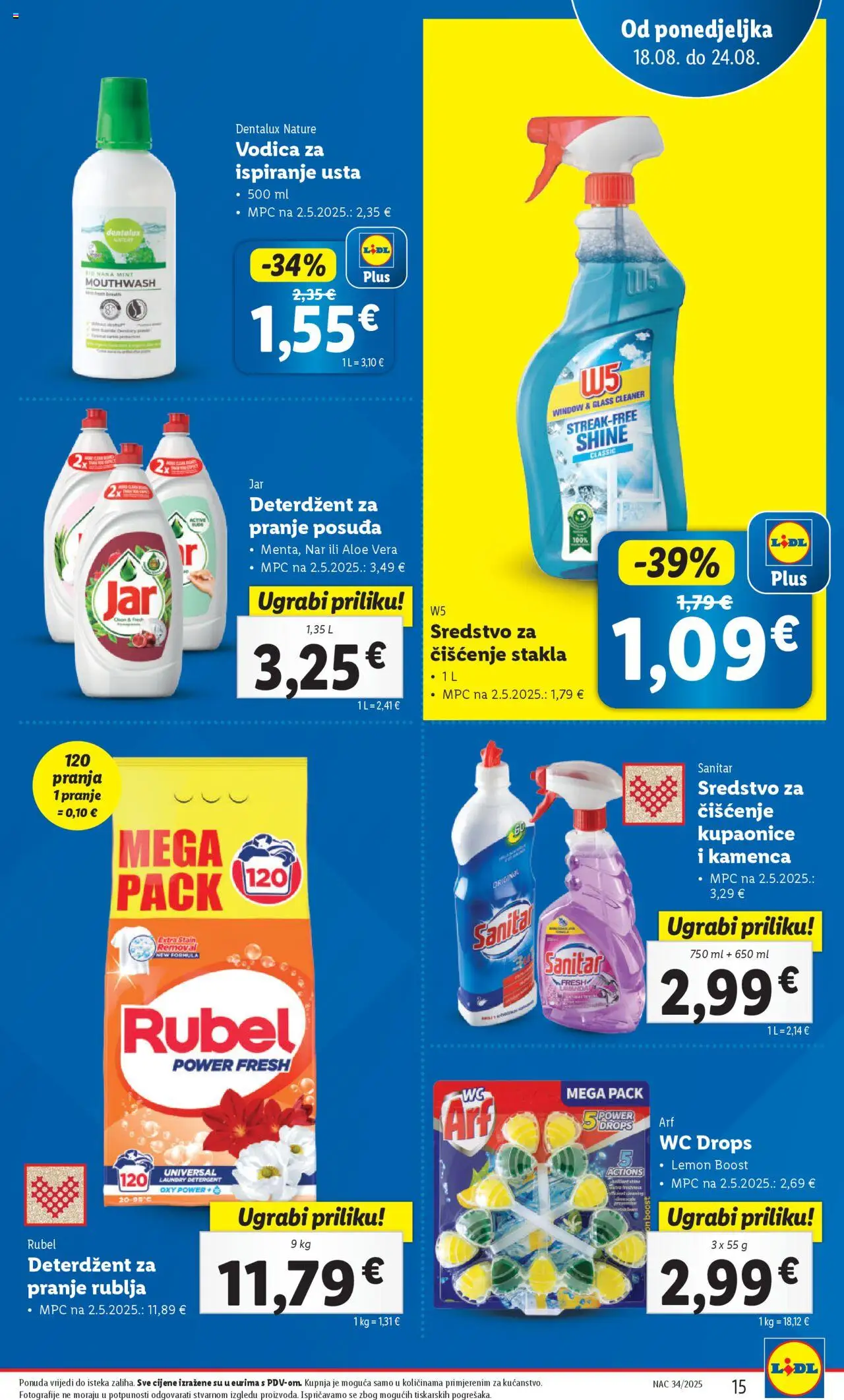 Lidl katalog | vrijedi od 18.08.2025 | Stranica: 15 | Proizvodi: Rubel, Deterdžent, Deterdžent za pranje posuđa, Jar