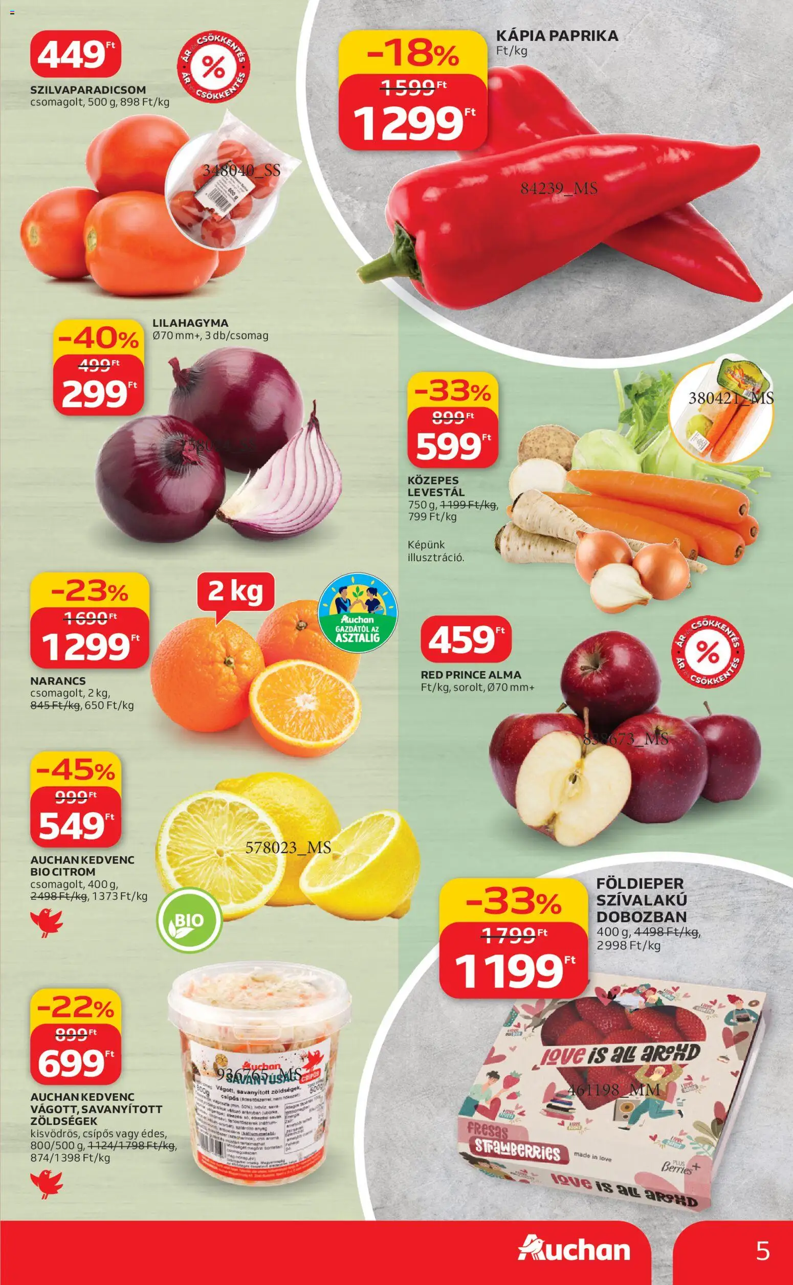 Auchan akciós ujság - amely érvényes a következő dátumtól: 05.02.2026 | Oldal: 5 | Termékek: Alma, Narancs, Kápia paprika, Citrom