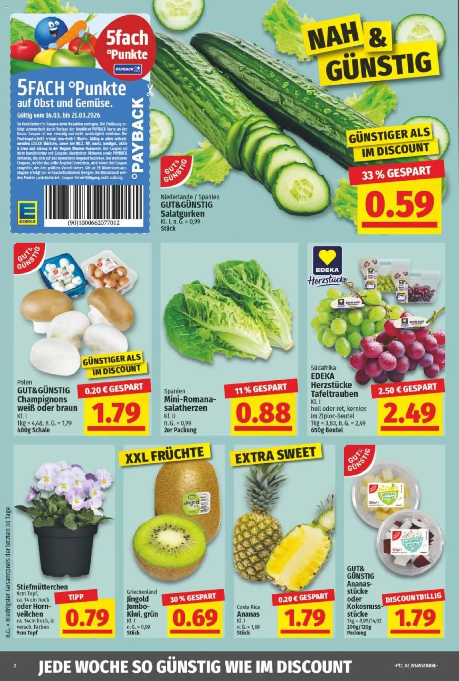 NP Discount Prospekt – gültig ab 16.03.2026 | Seite: 2 | Produkte: Stiefmutterchen, Ananas, Champignons, Obst