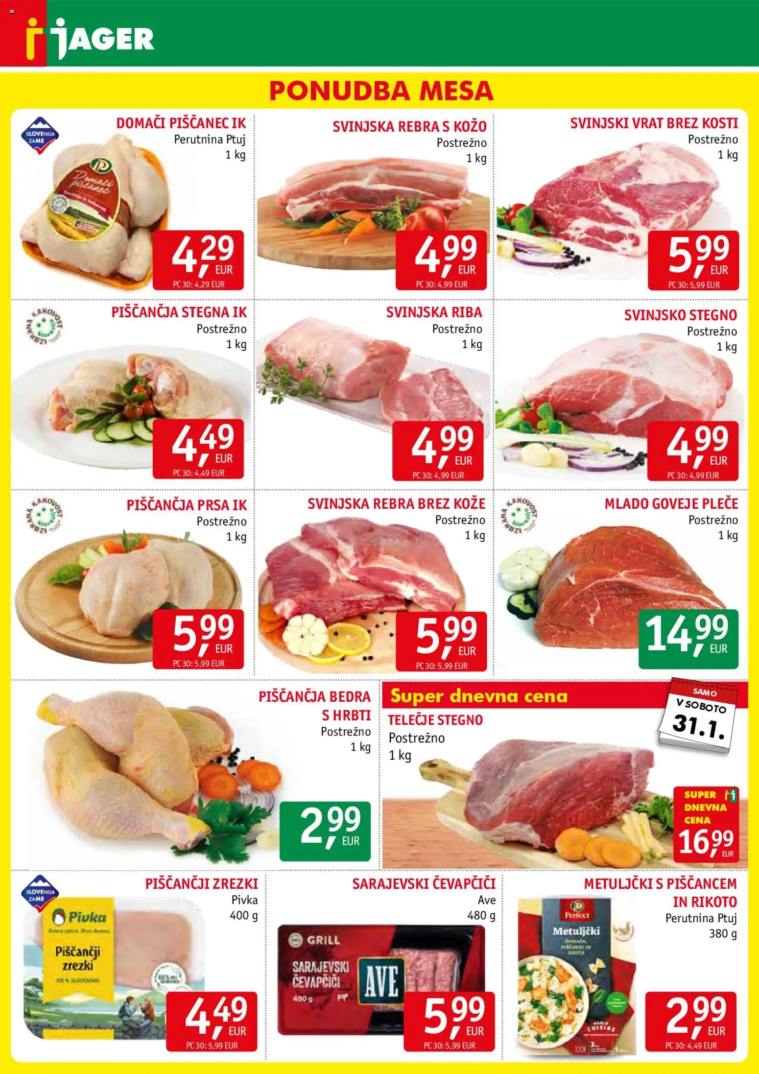 Novi Jager katalog ponudbe – veljaven od 28.01.2026 | Stran: 3 | Izdelki: Čevapčiči, Piščančja bedra, Zrezki, Riba