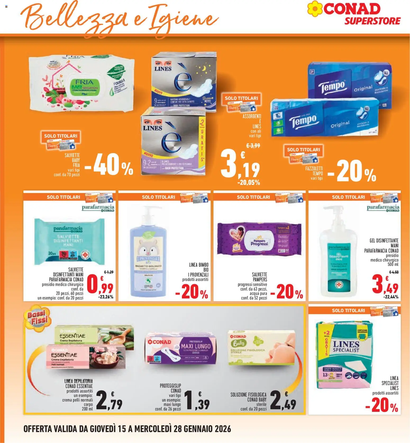 Volantino Conad del 15.01.2026 | Pagina: 24 | Prodotti: Crema depilatoria, Acqua, Pampers, Bagnetto