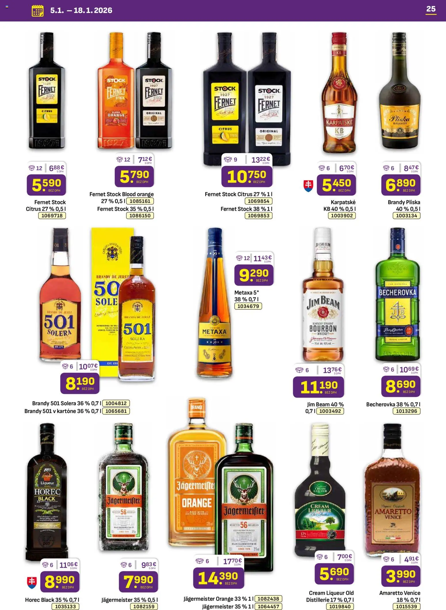 Nové Libex akcie – leták je platný od 05.01.2026 | Strana: 25 | Produkty: Jägermeister, Becherovka, Jim Beam, Brandy