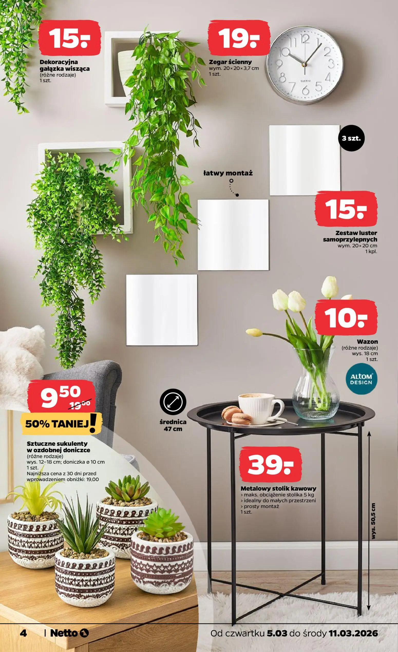 Netto gazetka od czwartku NonFood od 05.03.2026 | Strona: 4 | Produkty: Zegar, Stolik kawowy, Doniczka, Wazon