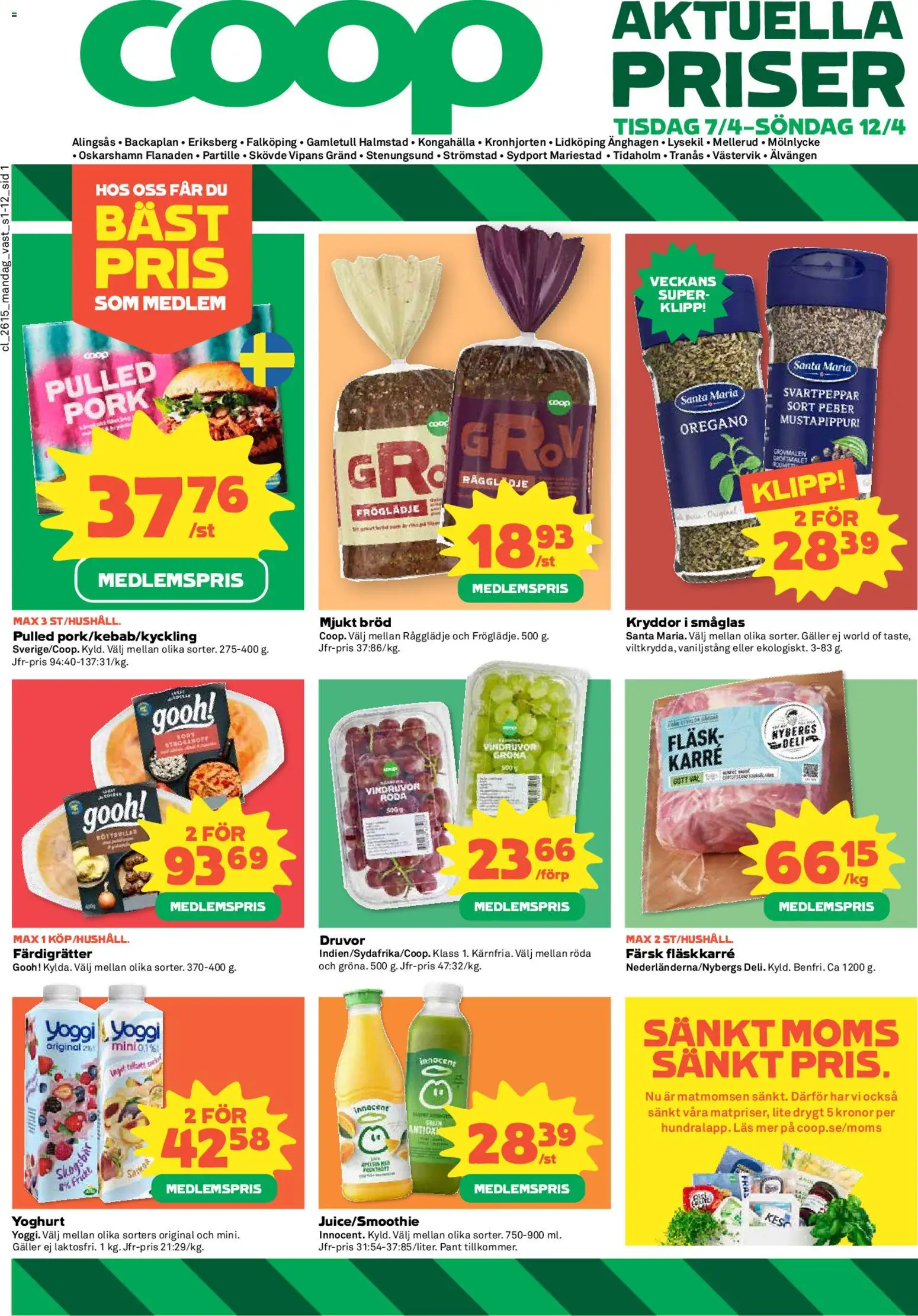 Coop reklamblad aktuell från 07.04.2026 | Sida: 1 | Produkter: Vindruvor, Vaniljstång, Fläsk, Yoggi