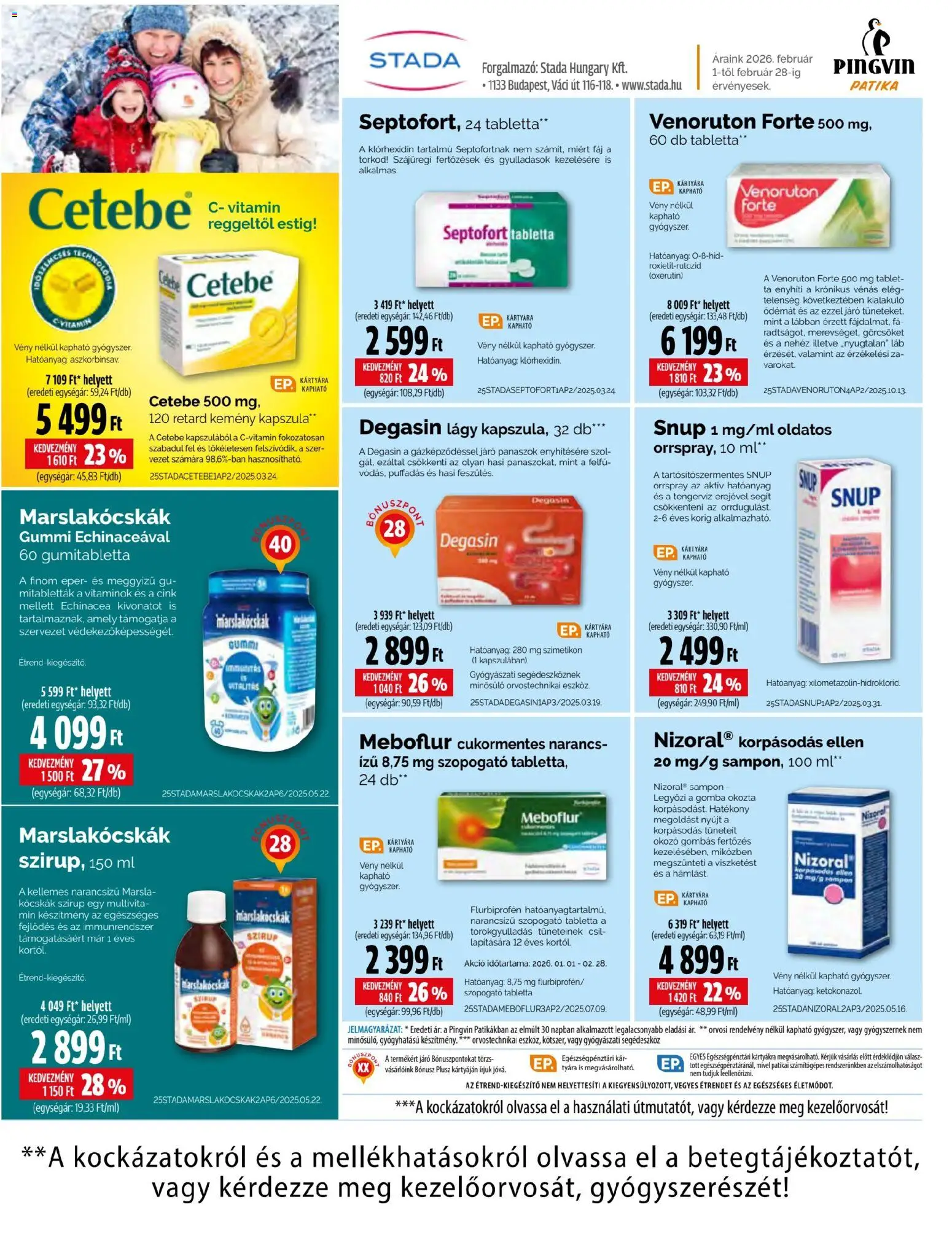 Pingvin Patika akciós ujság - amely érvényes a következő dátumtól: 01.02.2026 | Oldal: 1 | Termékek: Tablet, Sampon, Narancs, Eper