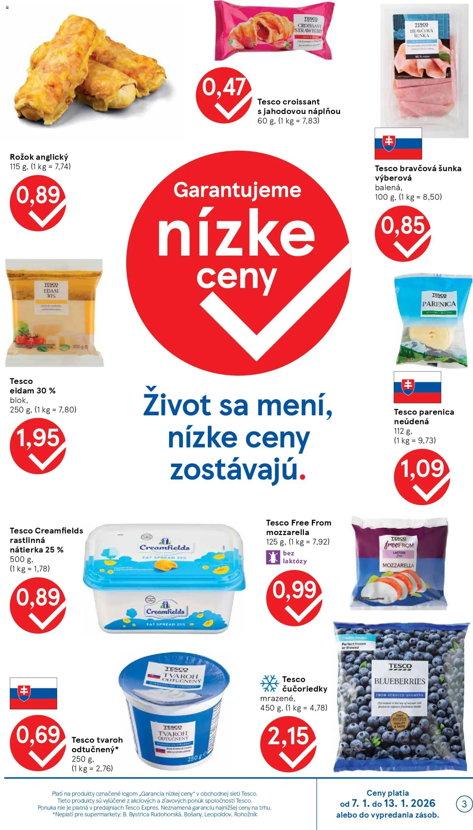 Nové Tesco akcie – leták je platný od 07.01.2026 | Strana: 3 | Produkty: Rožok, Croissant, Čučoriedky, Tvaroh