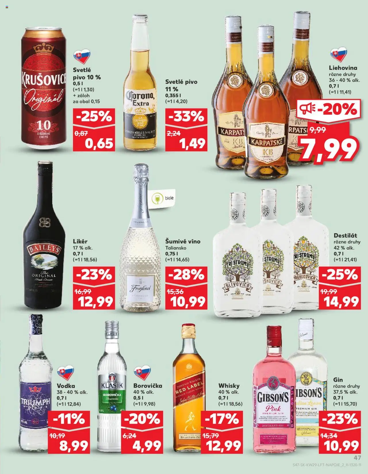 Nové Kaufland akcie – leták je platný od 17.07.2025 | Strana: 47 | Produkty: Pivo, Borovička, Gin, Baileys