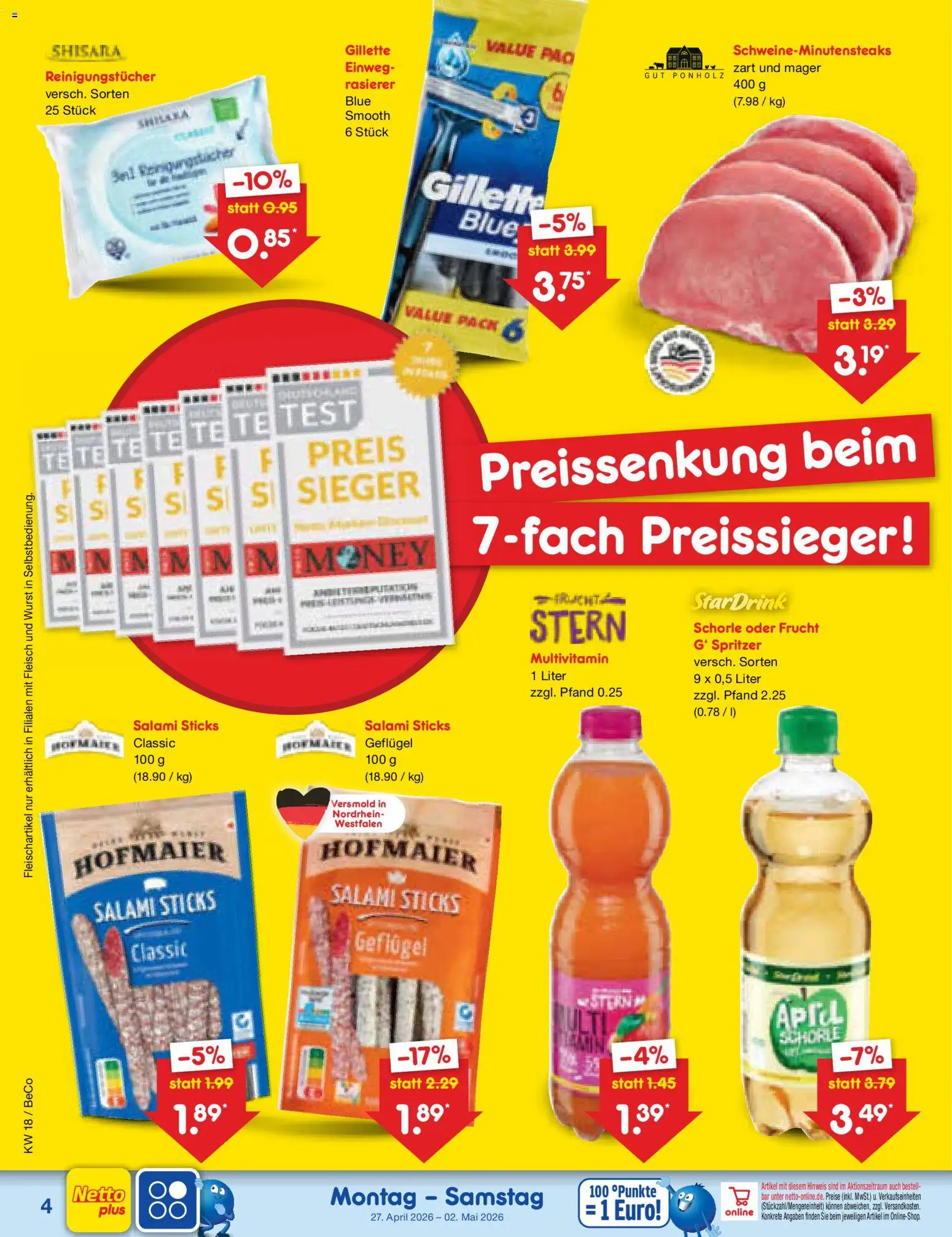 Netto Marken-Discount Prospekt 	 – gültig ab 27.04.2026 | Seite: 6 | Produkte: Rasierer, Reinigungstücher, Salami, Fleisch