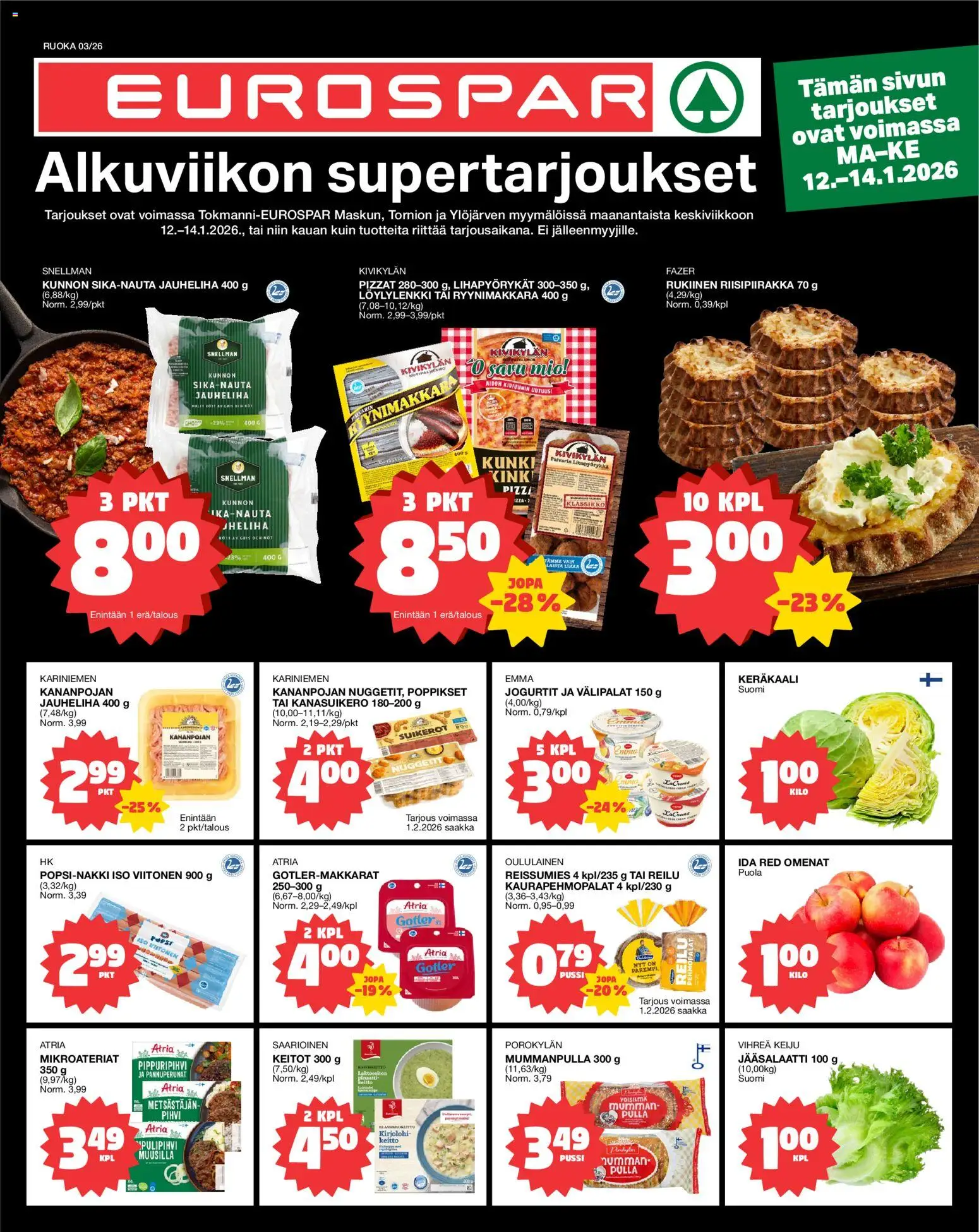 Tokmanni - EUROSPAR – voimassa 12.01.2026 alkaen | Sivu: 1 | Tuotteet: Kirjolohi, Jauheliha, Keräkaali, Pulla