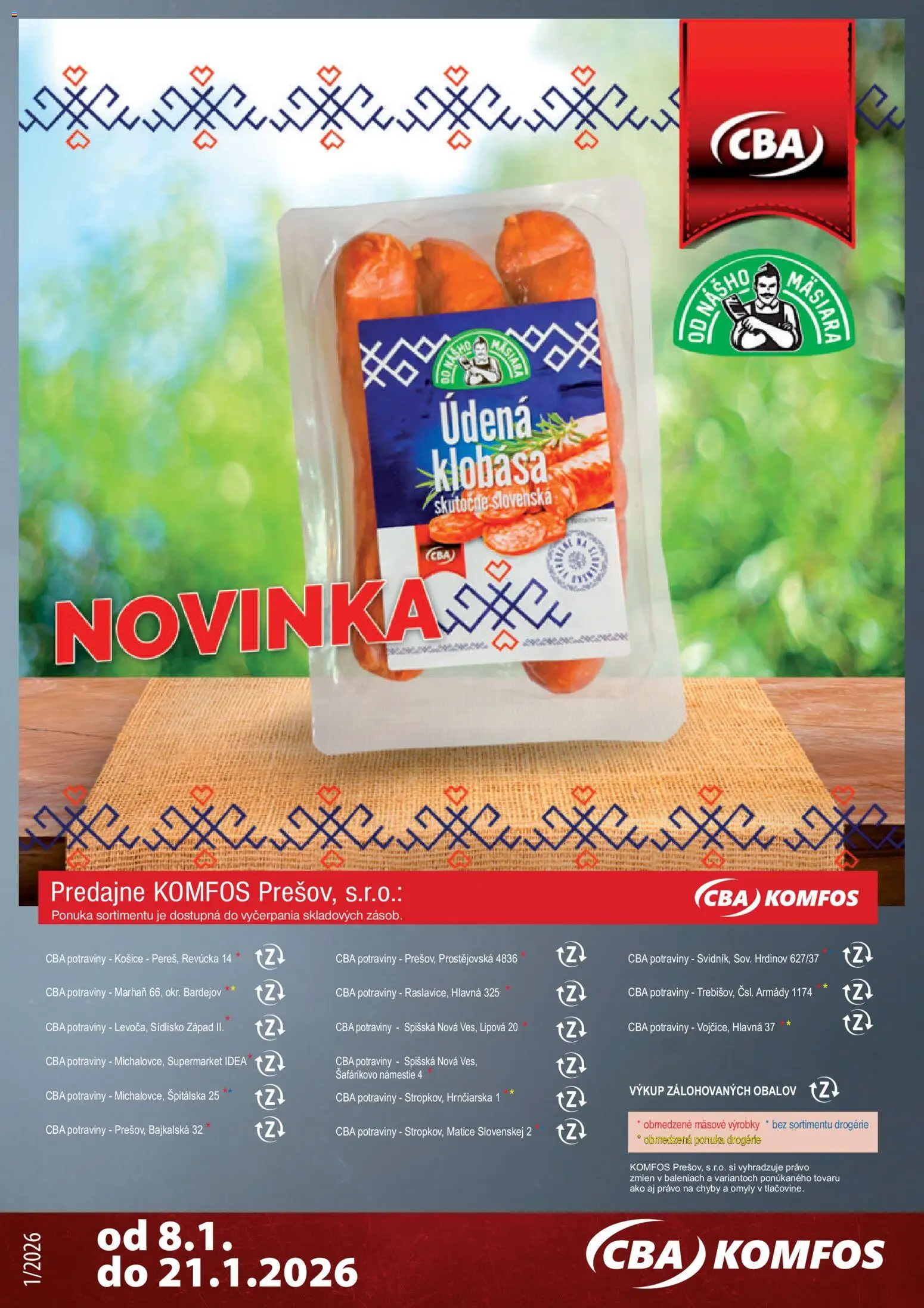 Nové CBA Komfos akcie – leták je platný od 08.01.2026 | Strana: 16 | Produkty: Klobása